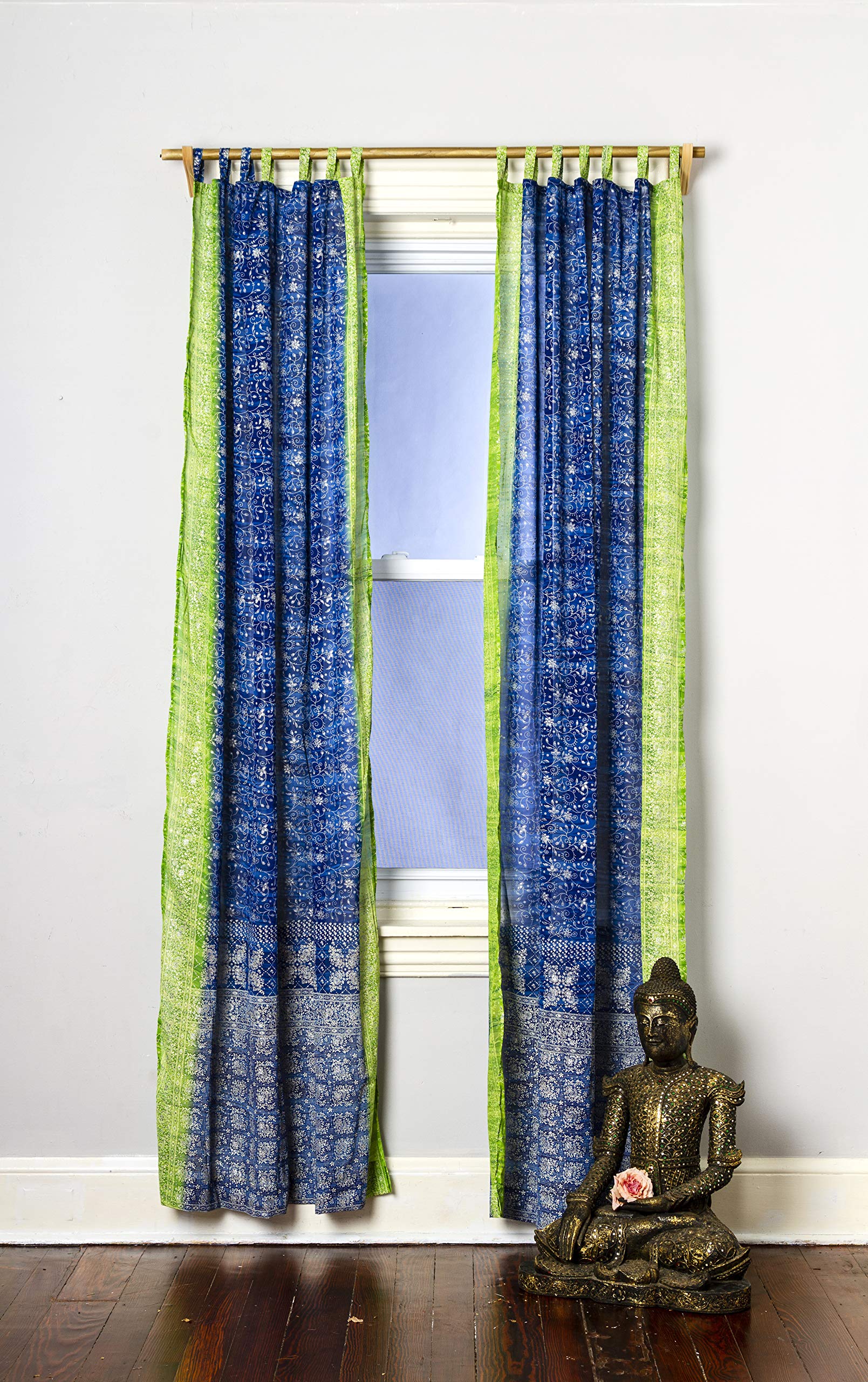 Light-Filtering Sari Colorful Curtains – Boho Curtains, Bed Canopy Panel, Wall Tapestry or Window Treatment For Bedroom or Living room + Tote bag (96"L x 42"W Set of 2, Lapis Lime)