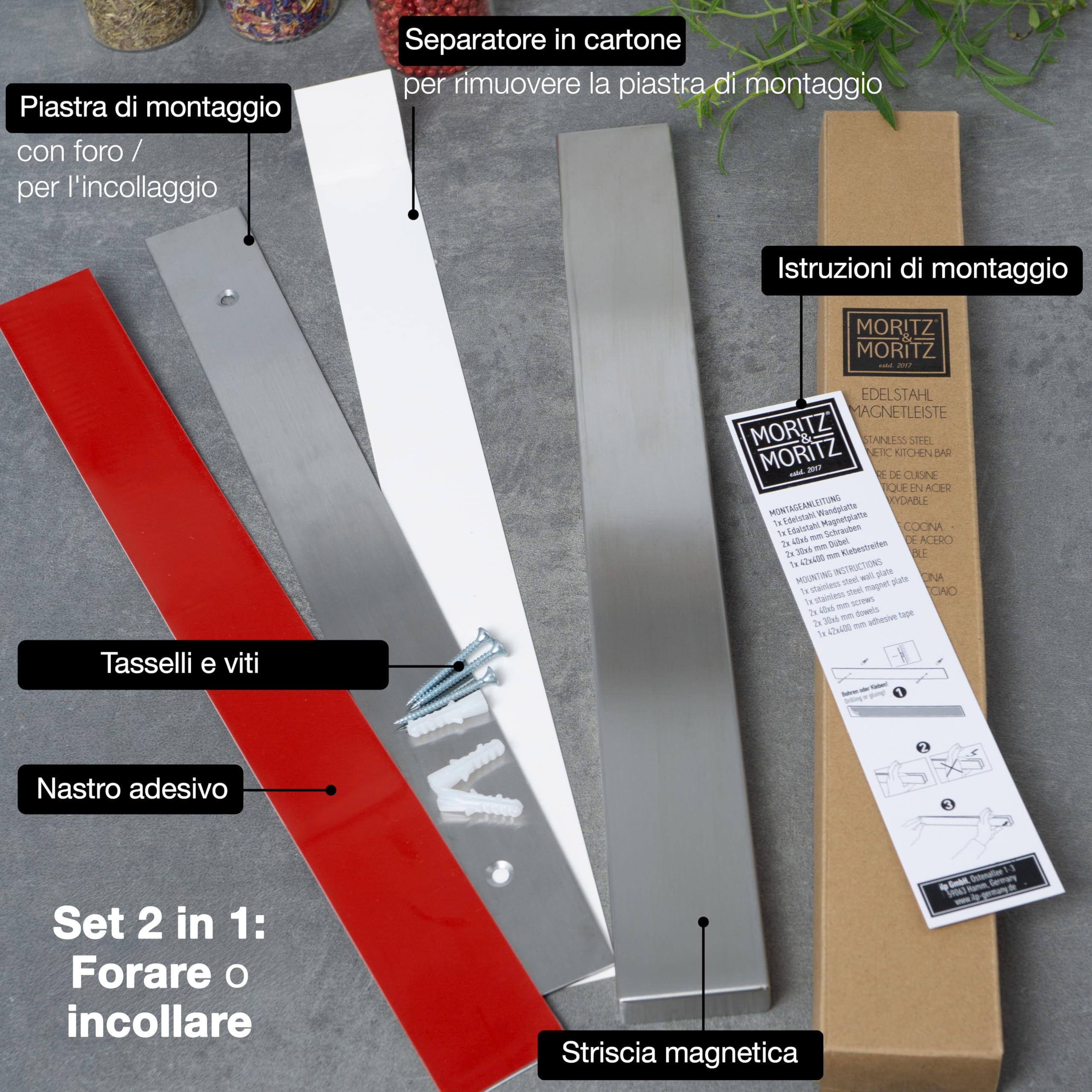 Moritz & Moritz 40 cm Portacoltelli Magnetico - Barra magnetica per coltelli guida universale - Per tenere in ordine coltelli utensili da cucina attrezzi