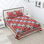 RajasthaniKart® Pure 100% Cotton Double Bed Sheet with 2 Pillow Covers (Bedsheet for Double Bed Cotton, Red-Brown Jaipuri, King Size)