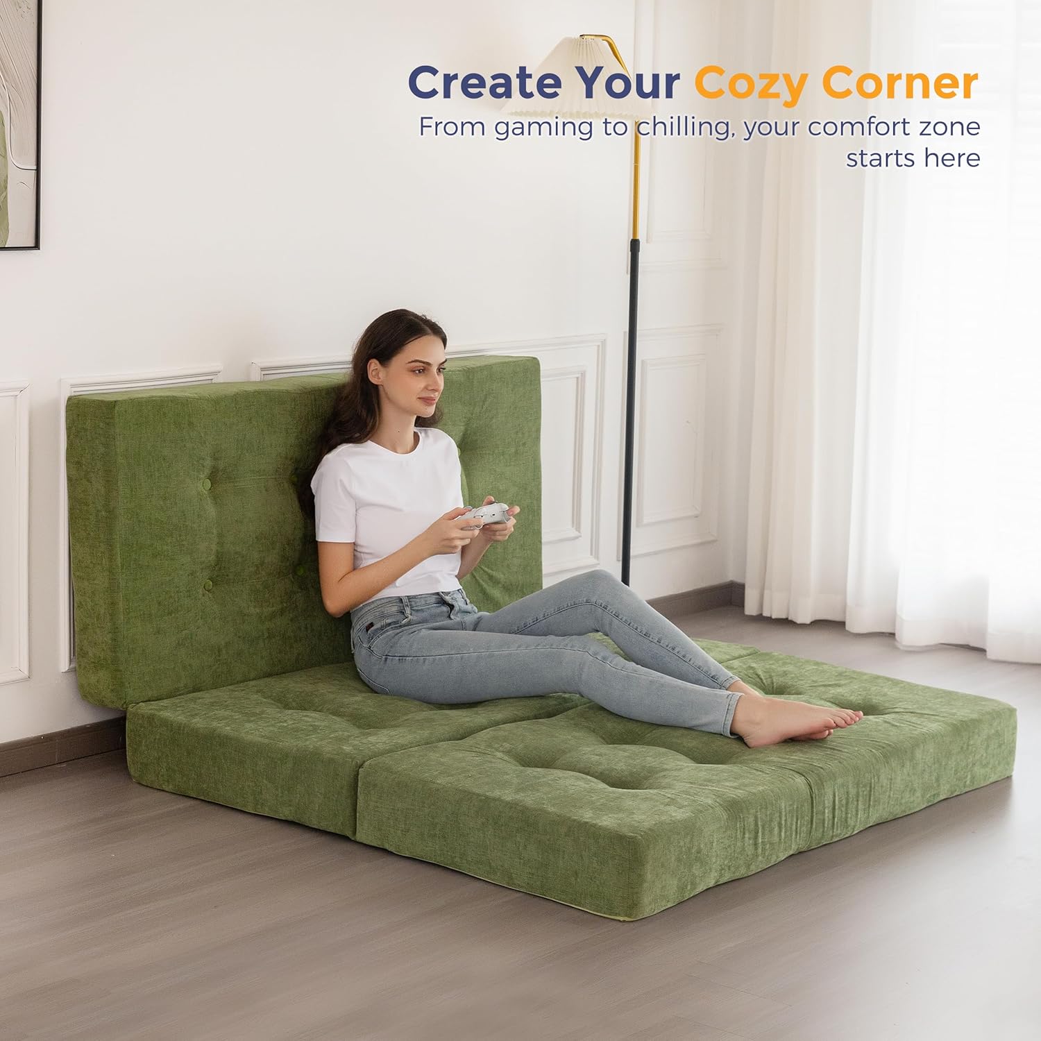 MAXYOYO Tri-Fold Mattress, 6 Inch Tufted Folding Mattress with Chenille Fabric, Portable Full Size Floor Guest Mat for Adults, Foldable Topper for Camping, Green, 53