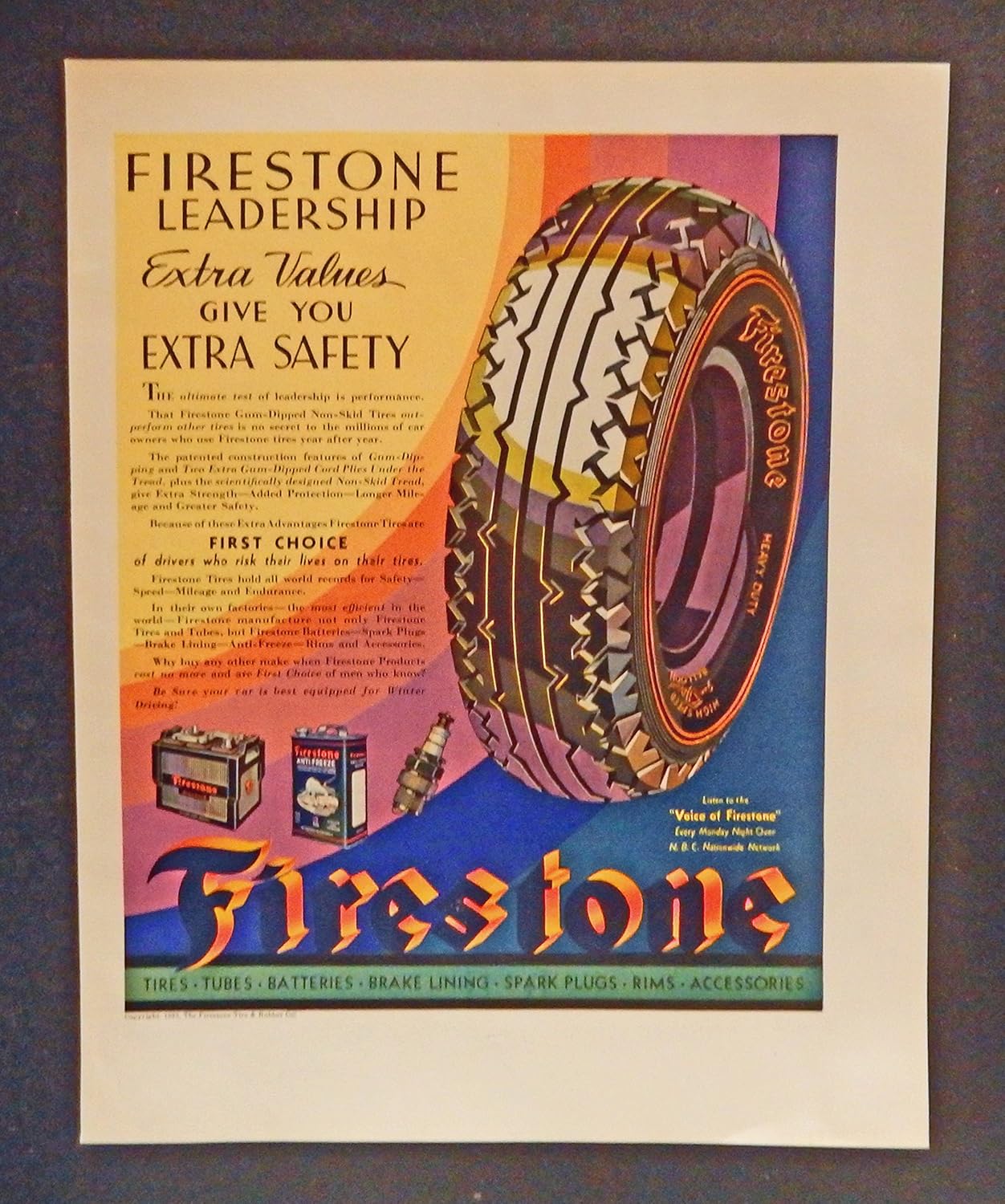 Firestone Tires 30's print ad. full color Illustration
