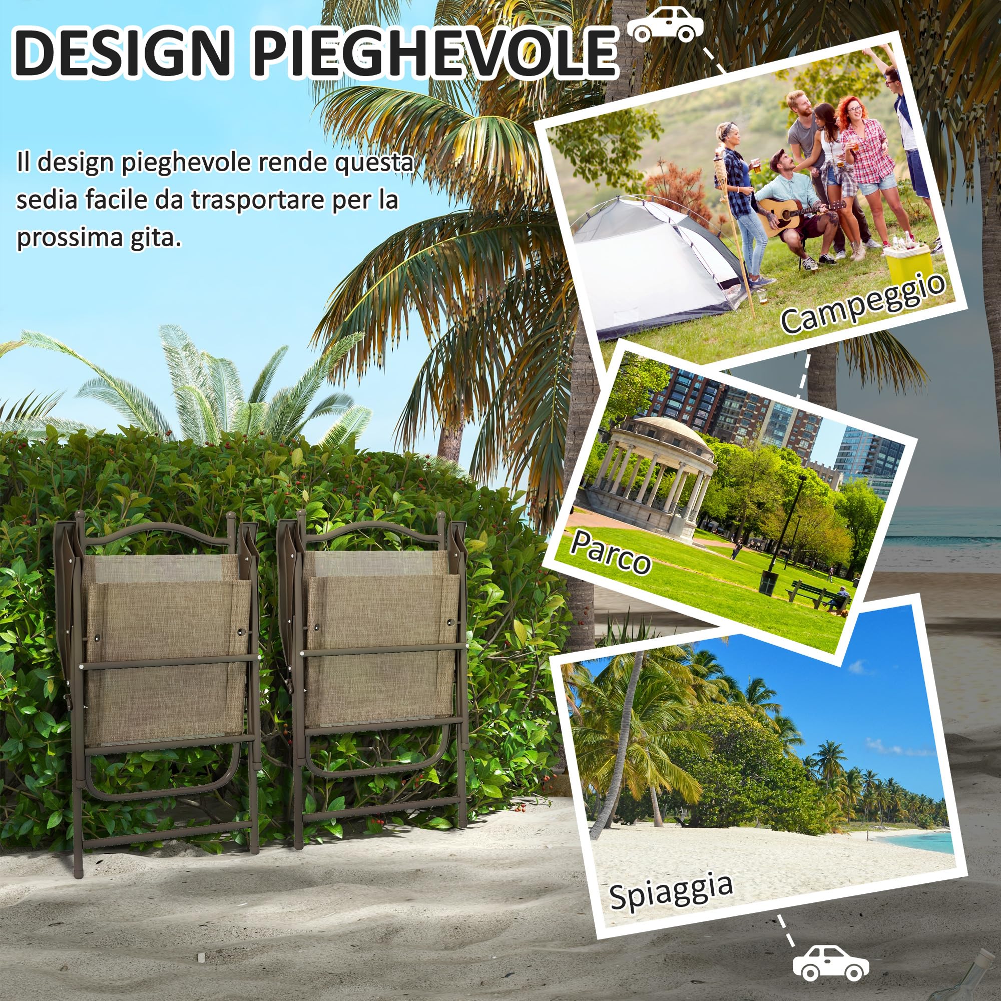 Outsunny Set di 2 Sedie da Giardino Pieghevoli, Sedie da Esterno con Braccioli e Seduta in Tessuto Traspirante, Marrone