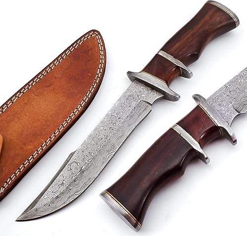 NK371 - Cuchillo de caza de hoja fija de acero de damasco hecho a mano con funda de cuero, cuchillo multiusos con mango de palisandro para