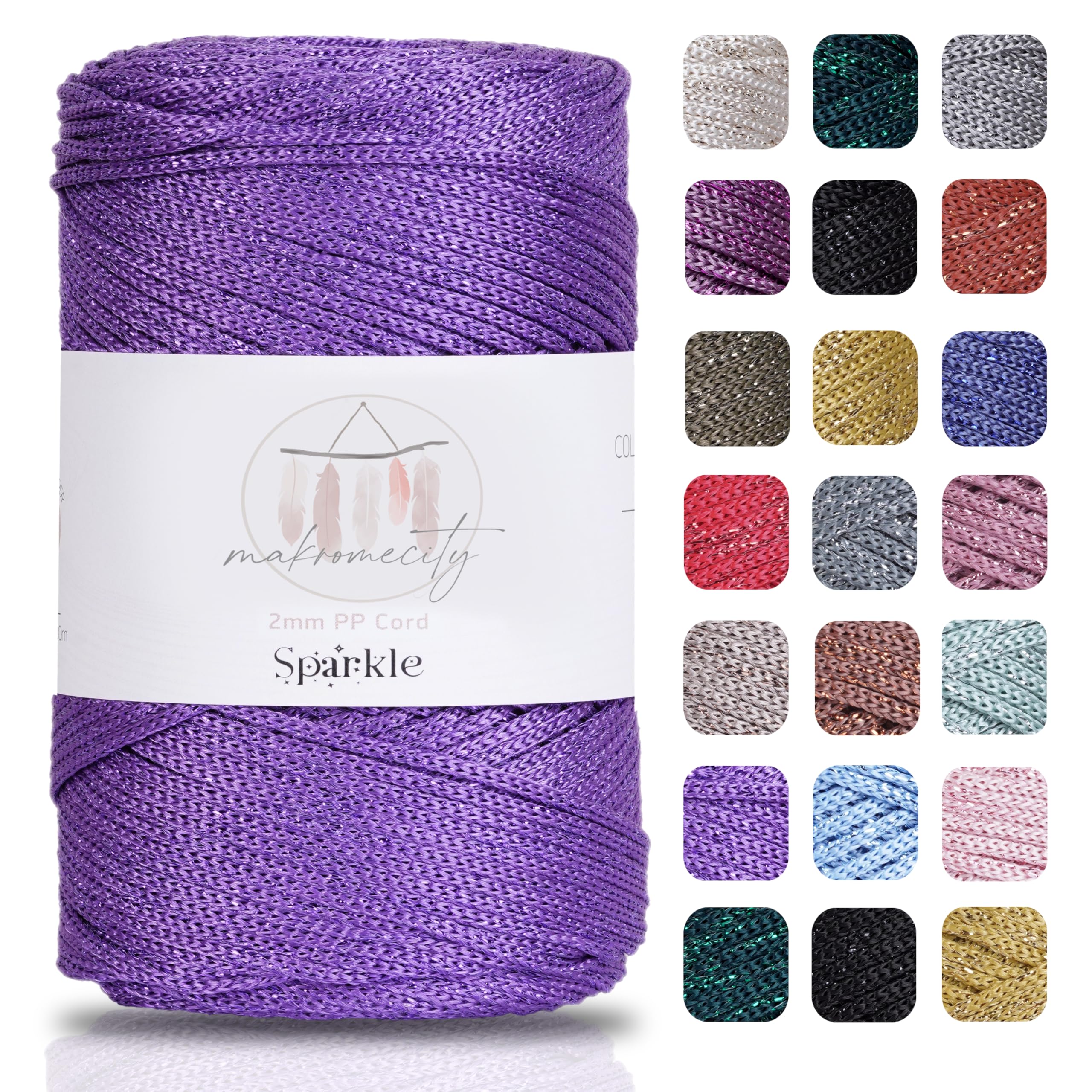 Makromecity Sparkle Polyester Macrame Cord, 2mm x 250 Yards (750 feet), Lilac Sparkle, 5cm Length