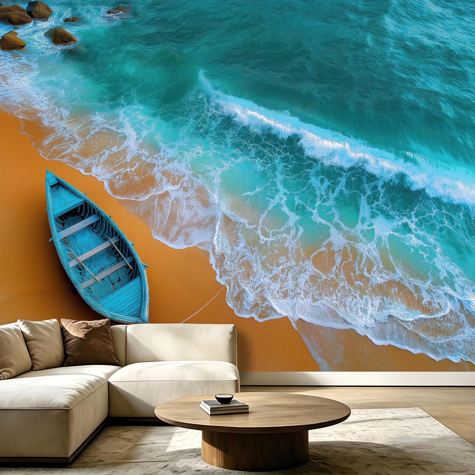 Carta da parati fotografica, 250 x 175 cm, in tessuto non tessuto, stile nautico, barca in legno, spiaggia, carta da parati per bagno, casa vacanze, camera dei ragazzi