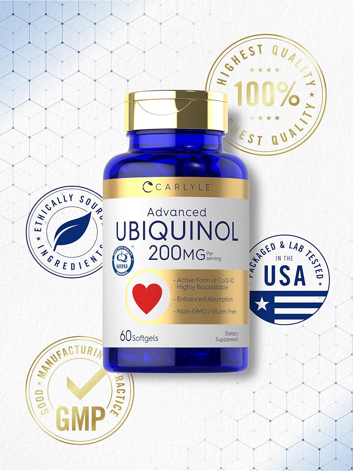 Carlyle Ubiquinol 200mg | 60 Softgels | High Absorption | Active Form of CoQ10 | Non-GMO, Gluten Free Supplement