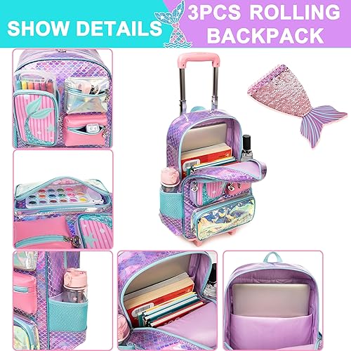 Miniatura 4 de Meetbelify Mochila con ruedas Bowknot para Gilrs Mochilas con ruedas Maleta con ruedas para niños, rosado sirena, Mediana