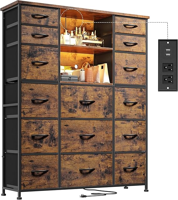 EnHomee 51" H Dresser with 15 Drawers Dresser for Bedroom with Charging Station & LED Lights & Hutch Sturdy Fabric Bedroom Dressers, Steel Frame, Wood Top, Rustic Brown, 51.2" H x 39.3" W x 11.8" D