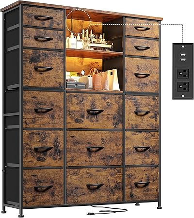 EnHomee 51" H Dresser with 15 Drawers Dresser for Bedroom with Charging Station & LED Lights & Hutch Sturdy Fabric Bedroom Dressers, Steel Frame, Wood Top, Rustic Brown, 51.2" H x 39.3" W x 11.8" D