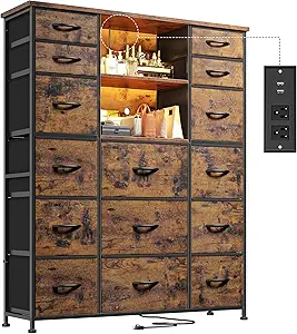 EnHomee 51" H Dresser with 15 Drawers Dresser for Bedroom with Charging Station & LED Lights & Hutch Sturdy Fabric Bedroom Dressers, Steel Frame, Wood Top, Rustic Brown, 51.2" H x 39.3" W x 11.8" D