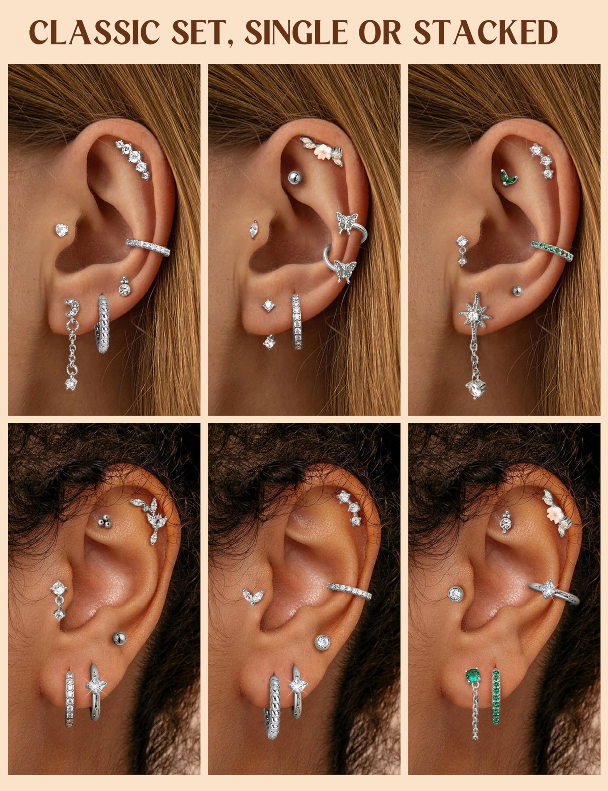 HMJGDHX 12 sztuk Helix Piercing biżuteria srebrne złote kolczyki dla kobiet chirurgiczne stalowe kolczyki z płaskim tyłem Rook Daith Conch Tragus Piercing biżuteria małe Helix Hoop kolczyki na