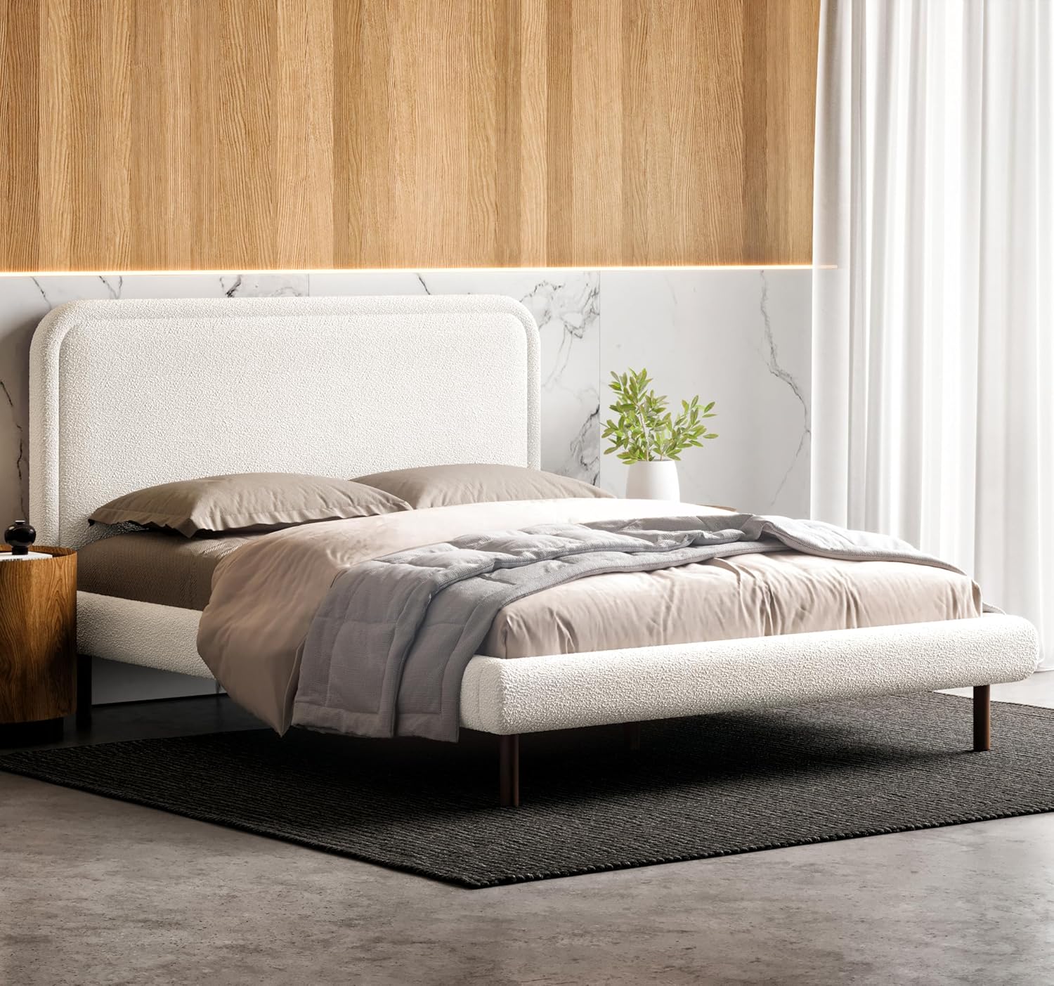 Beverly Upholstered Platform Bed | Box Spring Not Required | White Boucle, Queen Size