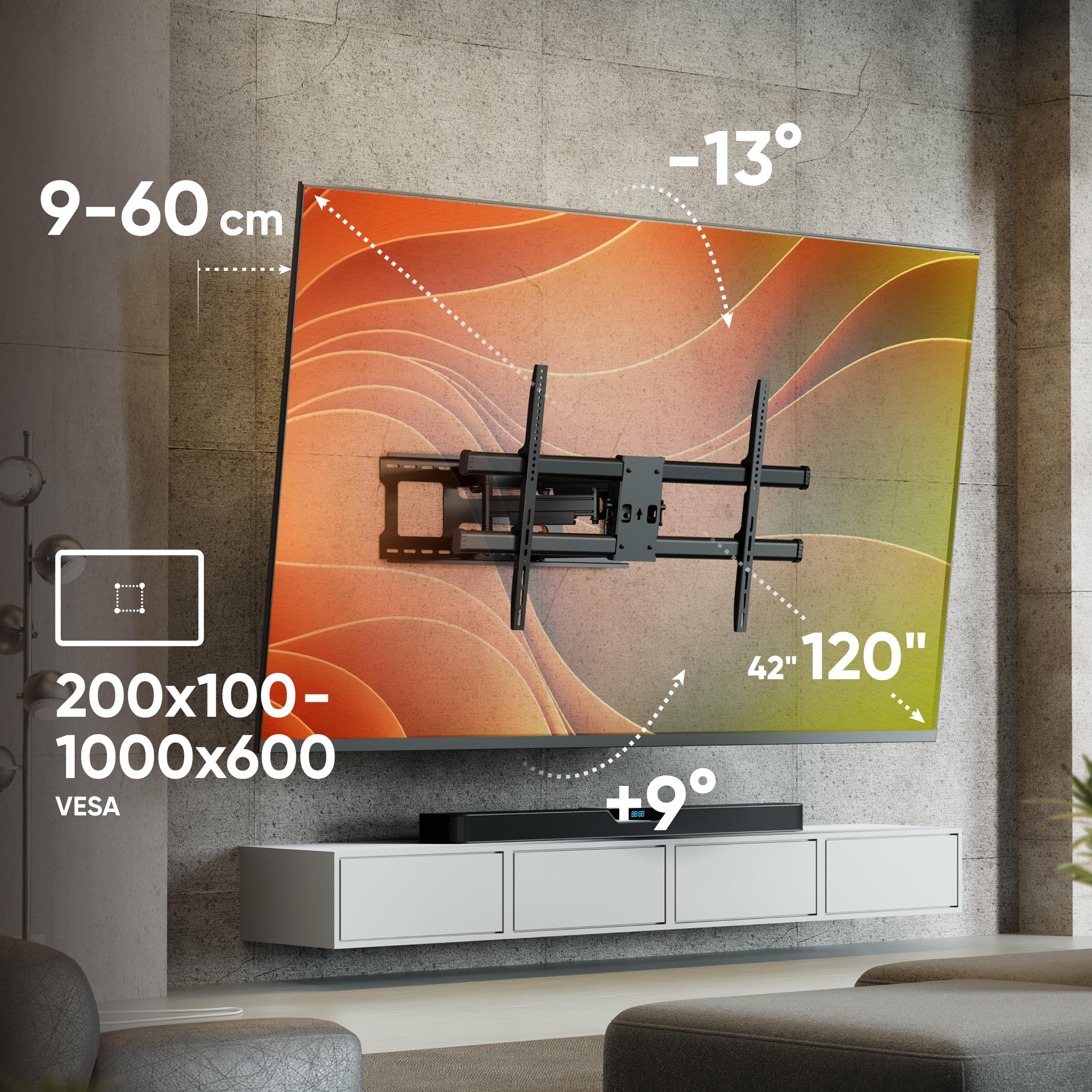 ONKRON TV Wandhalterung schwenkbar für 42-120 Zoll Fernseher bis 100 kg, TV Halterung ausziehbar, Fernsehhalterung max VESA 1000x600, Ultra Slim Wandhalterung Fernseher neigbar Schwarz M10-B