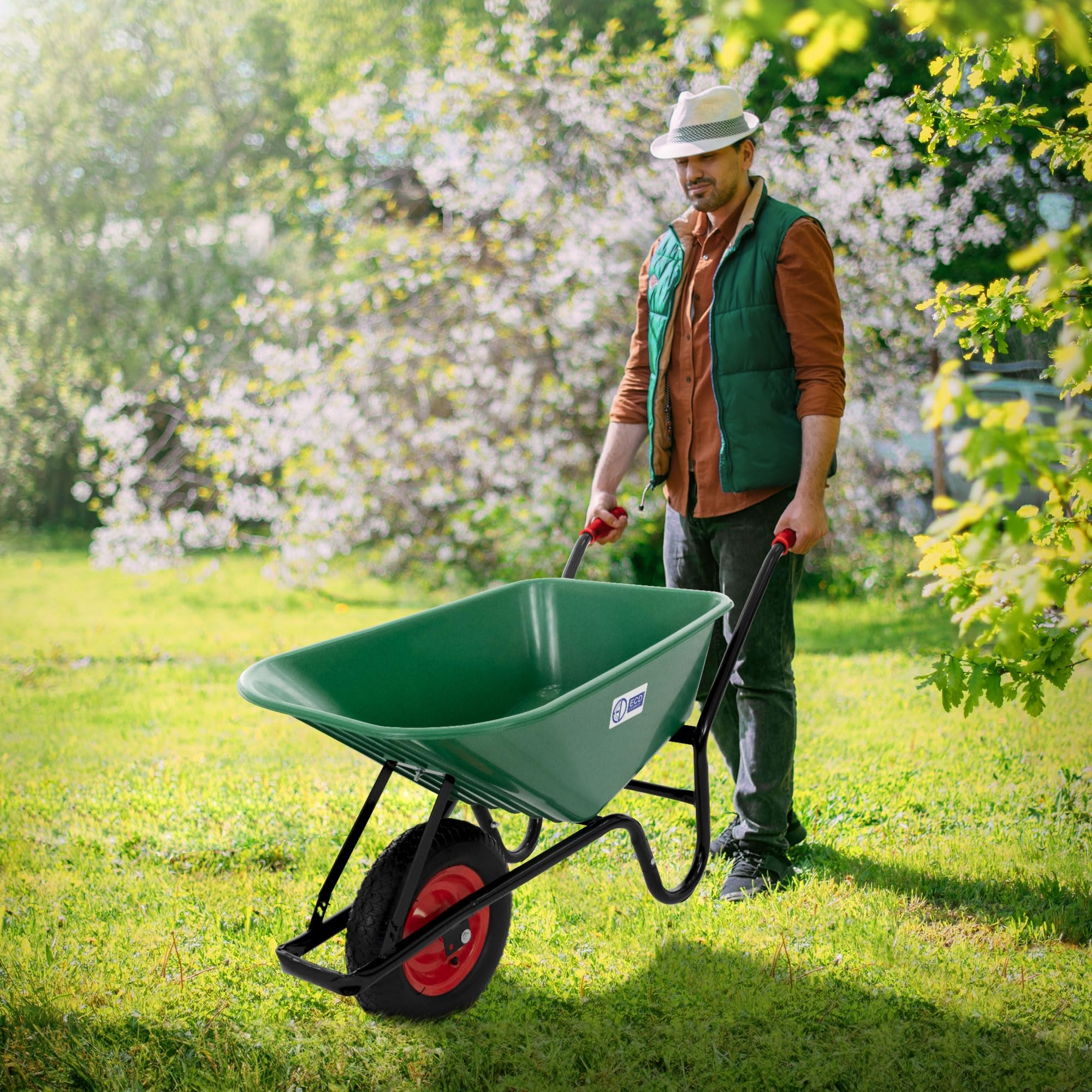 ECD Germany Carriola da Giardino con Telaio in Metallo e Vasca in Polipropilene Verde Capacità 100 L 150 kg per Trasporto con Ruota in Gomma Pneumatico Diametro 40 cm 16" Manici Lunghi