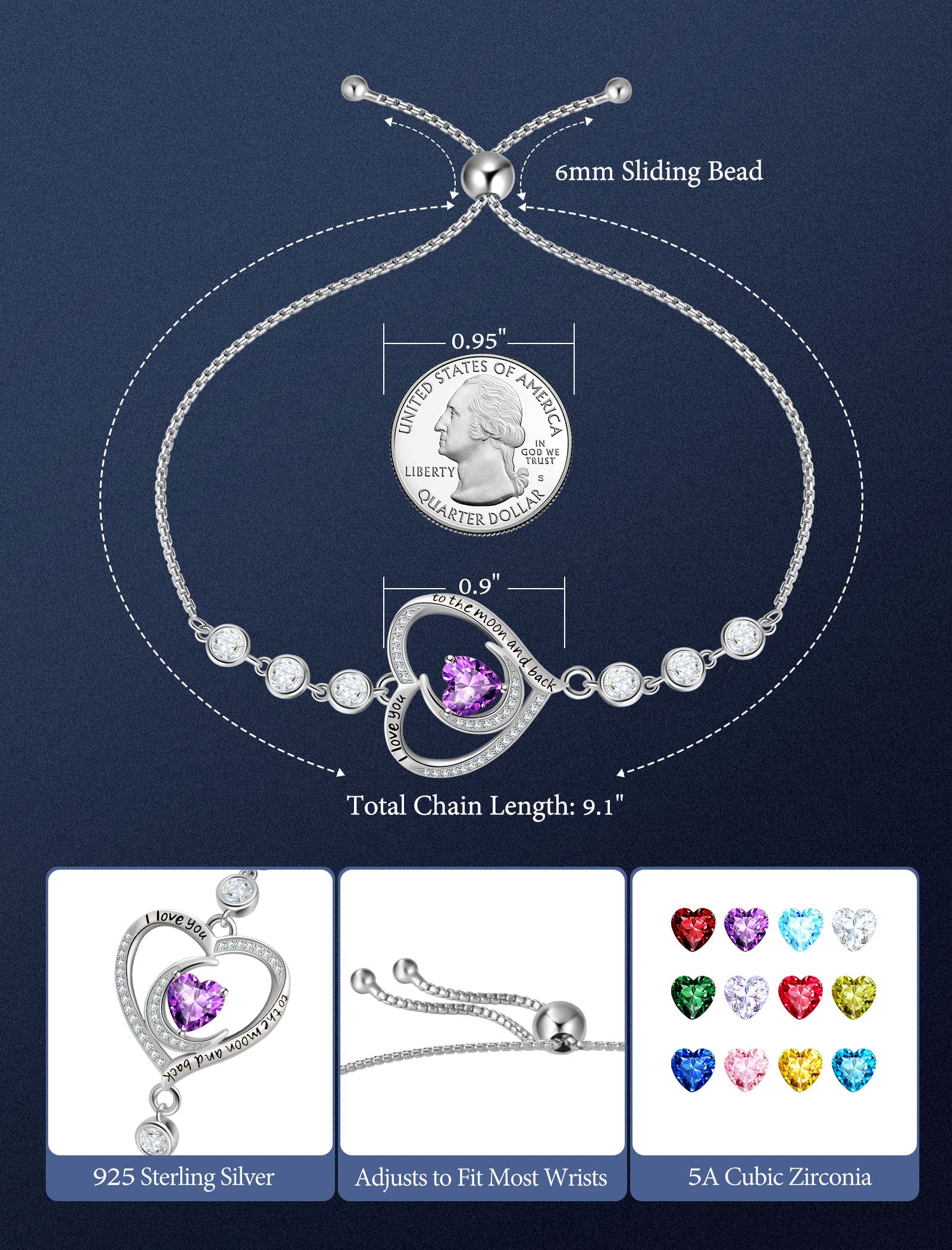 Braccialetto tennis in argento Sterling con pietra portafortuna