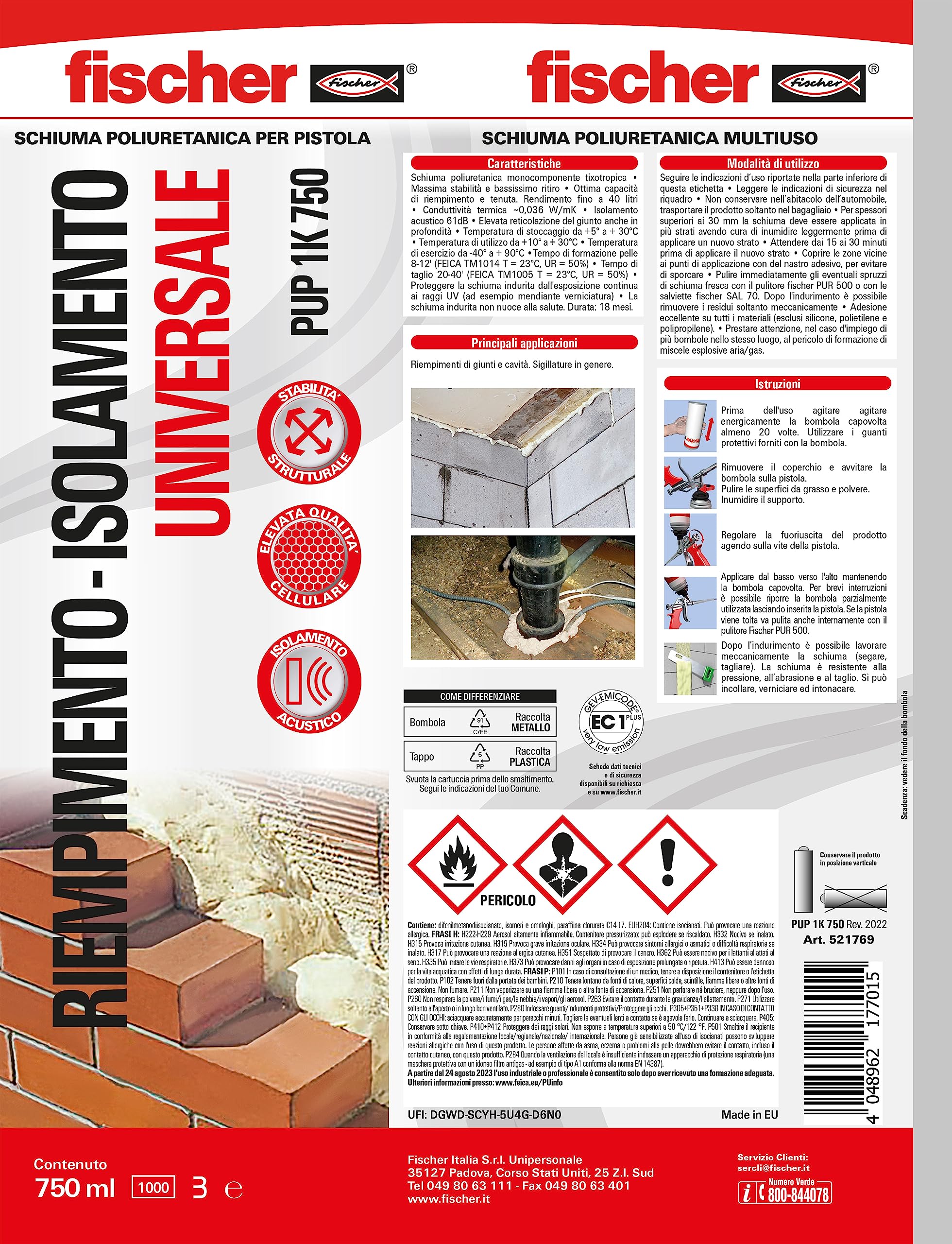 Fischer 12 unidades espuma de poliuretano PUP 1K 750 ml, universal, multiusos, uso con pistola