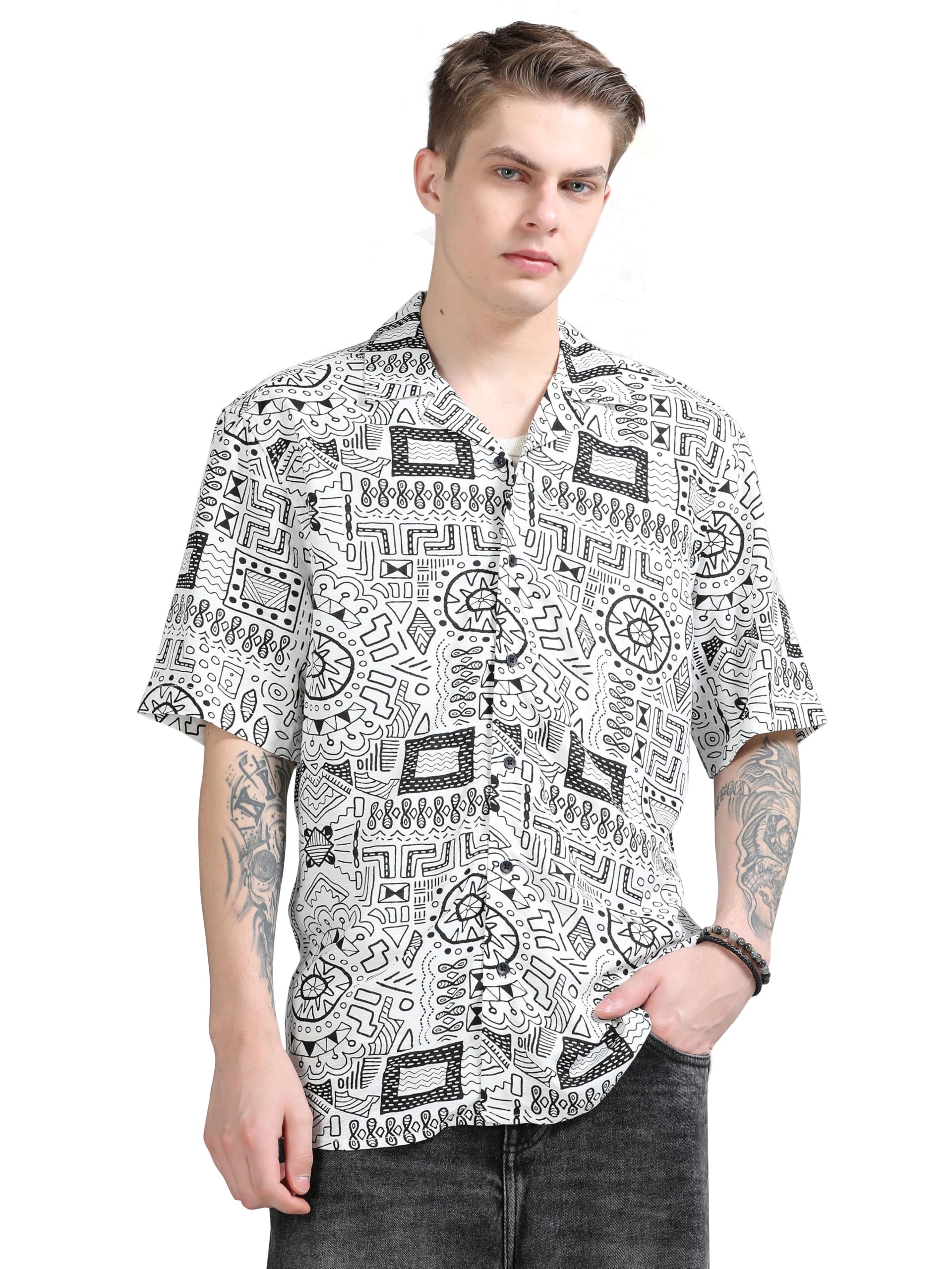 stitchx Men's Half Sleeve Aztec Printed Cuban Collar Shirt-picture-23