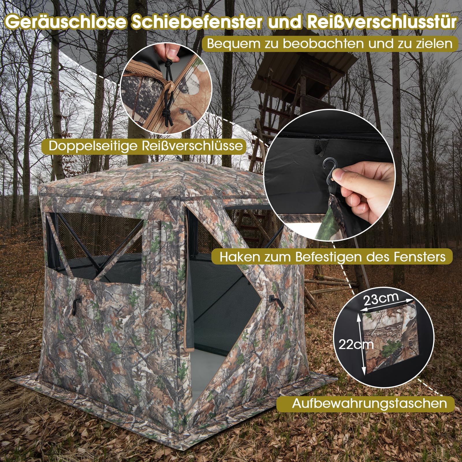 COSTWAY Einseitig durchsichtiges 270° Jagdzelt, Pop-Up-Unterstand für 2–3 Personen mit geräuschlosem Schiebefenster & Tragetasche, Jagdversteck für die Hirsch- & Truthahnjagd, Camouflage