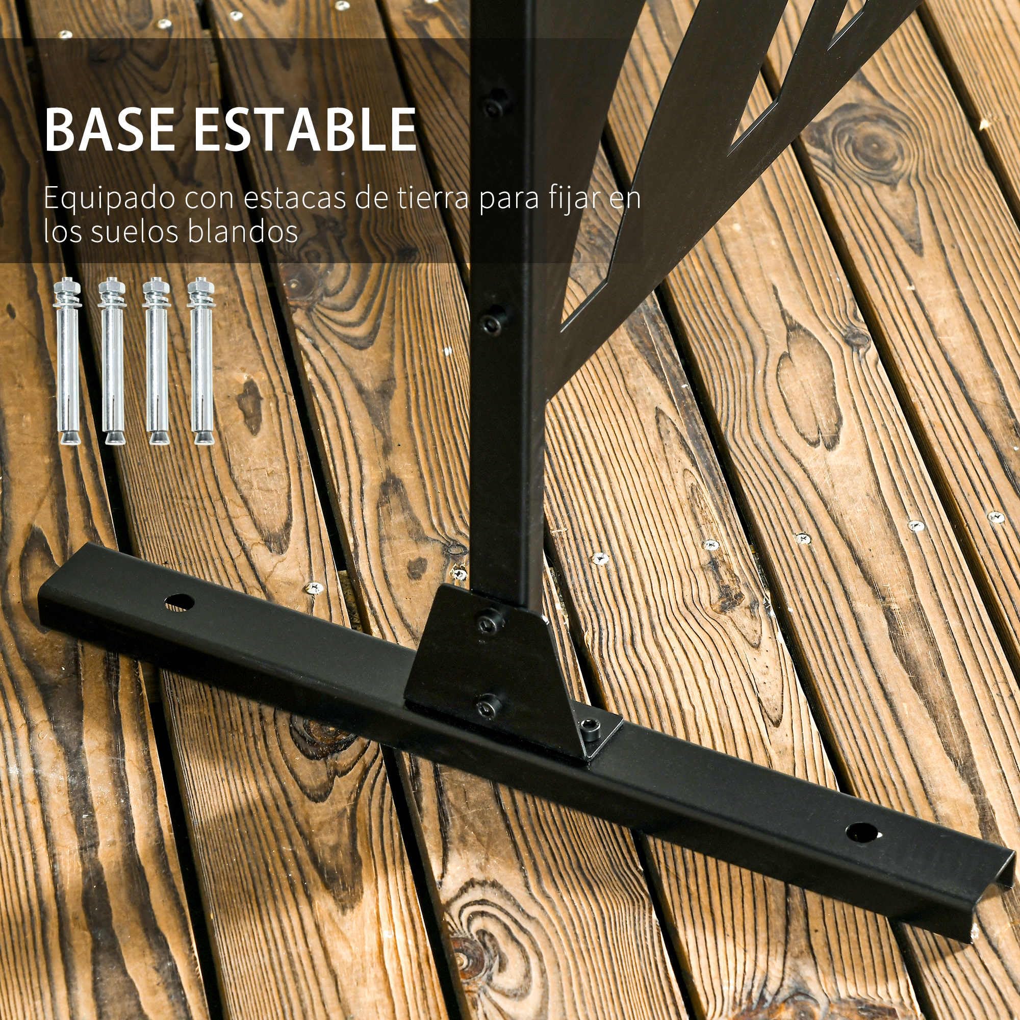 Outsunny Biombo de 3 Paneles Exterior con Soporte 122x198 cm Negro | Biombo Separador de Ambientes, Tornillos de Expansión, Diseño de Hojas, Jardín, Patio, Terraza
