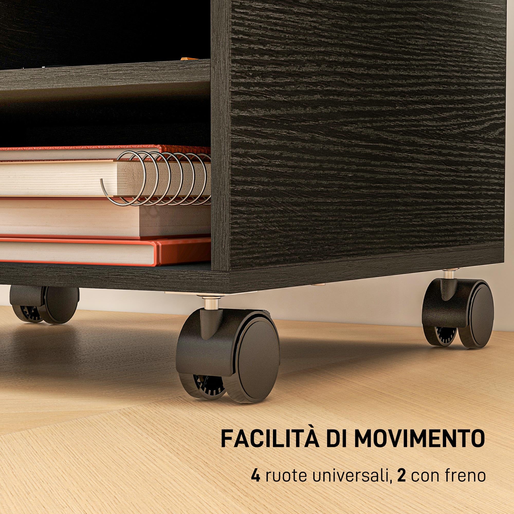 HOMCOM Mobile Porta Stampante a 2 Ripiani, Mobiletto per Ufficio e Studio in Legno con Ruote, 47x40x22.5cm, Nero