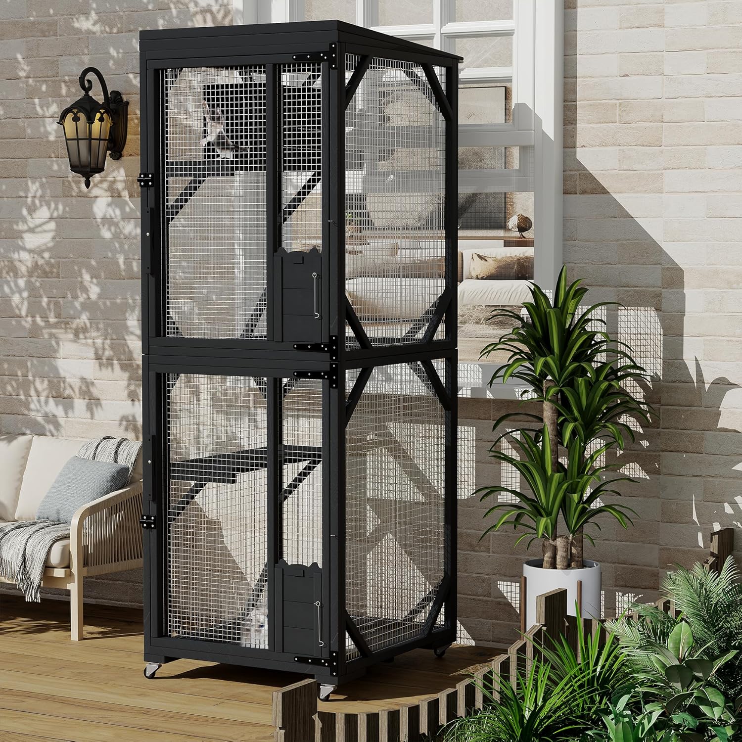 4-Wheel Portable Wooden Catio | Outdoor Cat Enclosure for Patio
