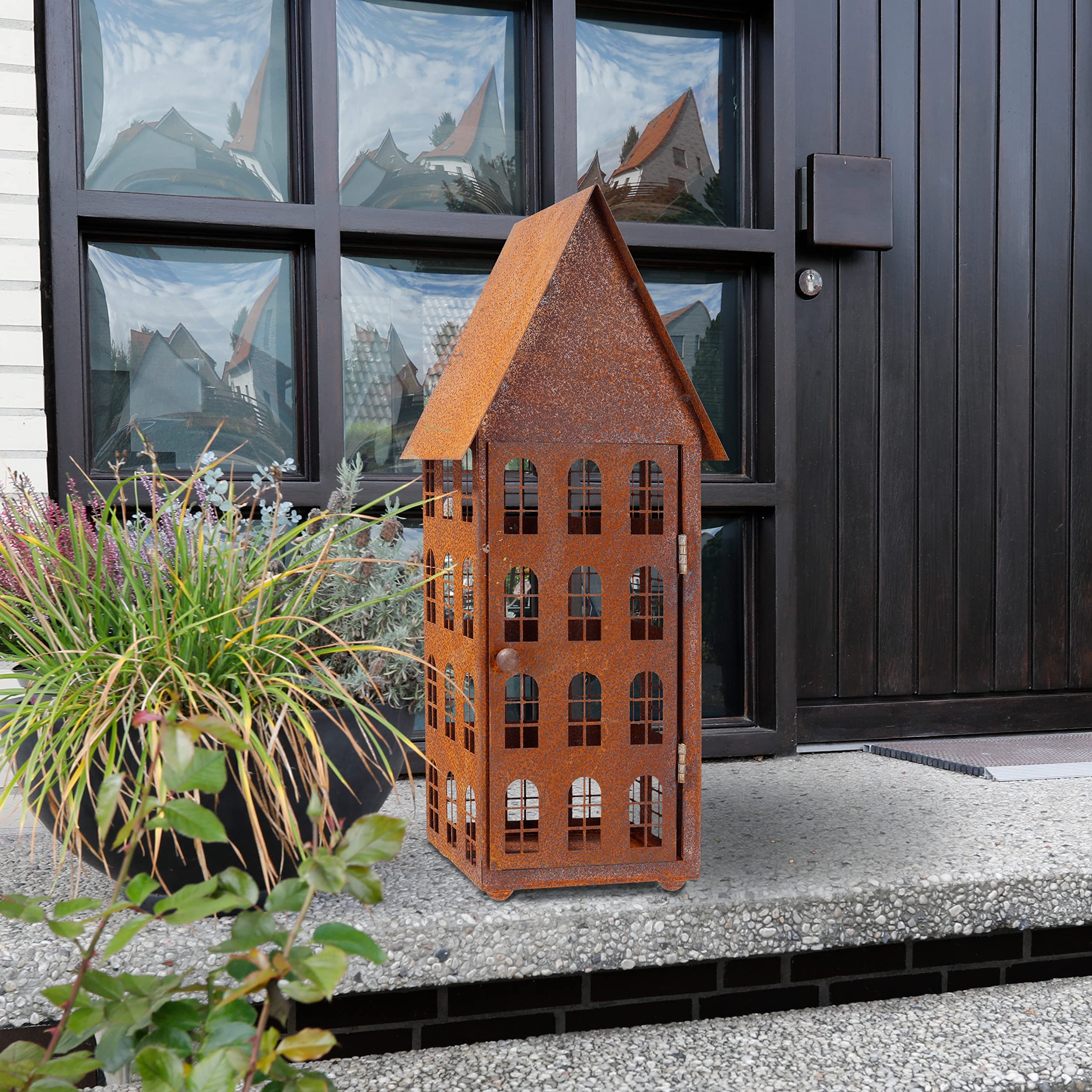 Gartendeko Haus hoch Laterne Gartenlicht zum Stellen Metall Rost Deko (15 x 15 x 45 cm)
