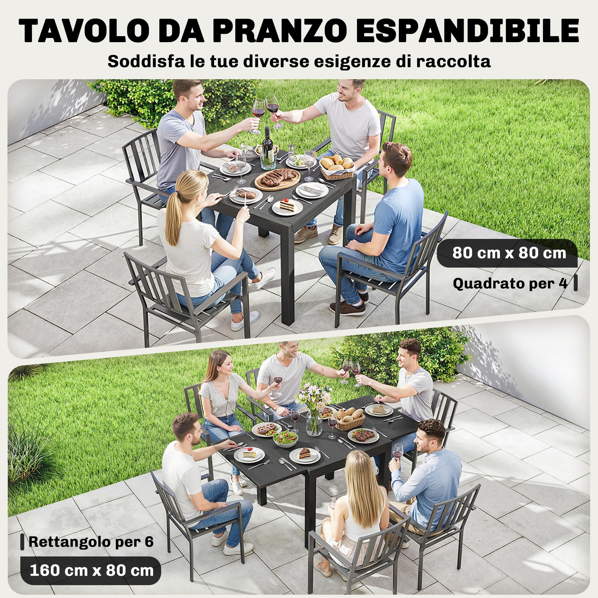 Outsunny Tavolo da Giardino Allungabile per 4-6 Persone 80/160x80 cm, Tavolo da Pranzo Esterno Estensibile Rettangolare in Alluminio con Piano a Doghe, per Patio Terrazzo Balcone, Nero