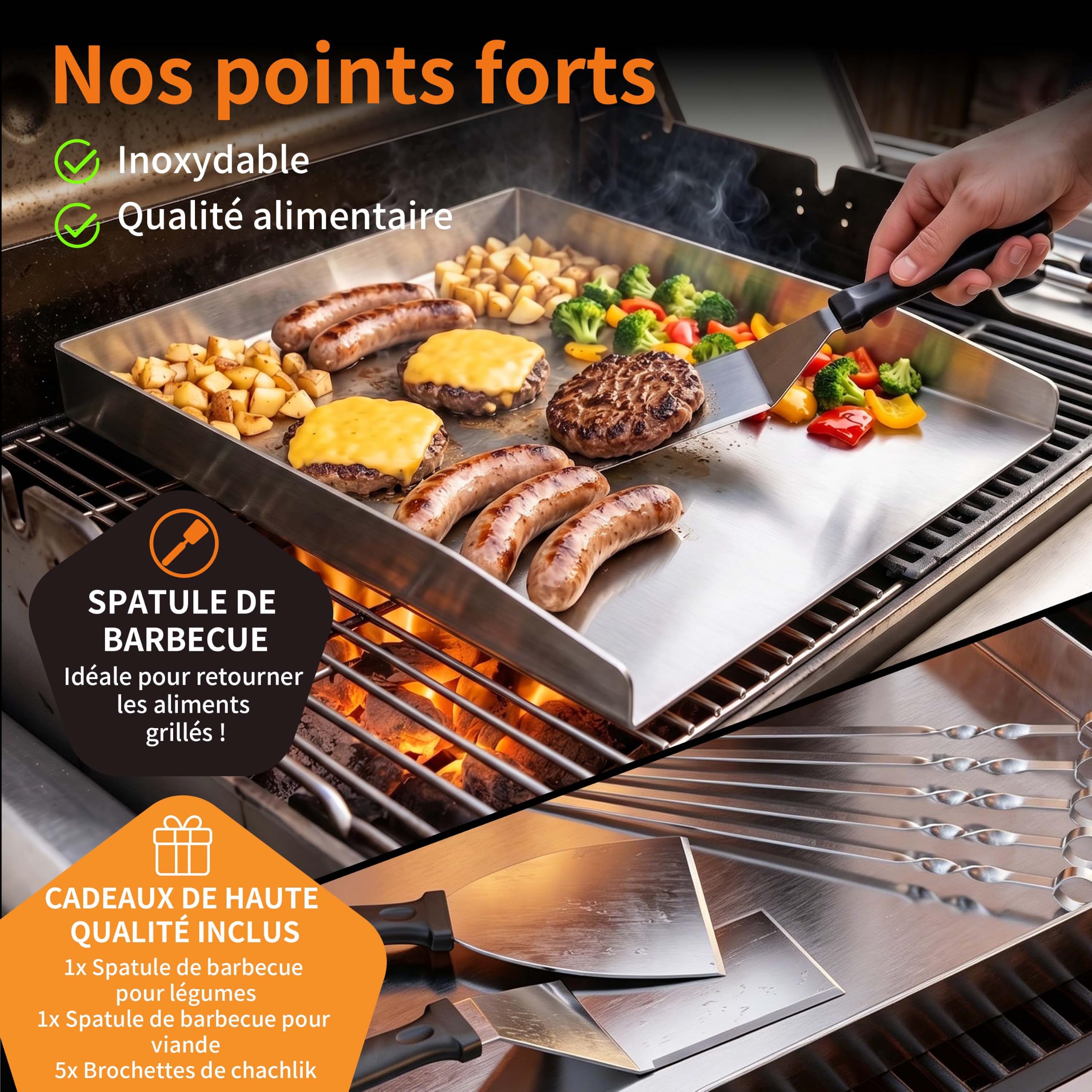 Plaque de cuisson en acier inoxydable - Épaisse et anti-rouille, inclut 2 spatules et 5 brochettes - Pour la plupart des grils à gaz et au charbon de bois (40x30x4CM)