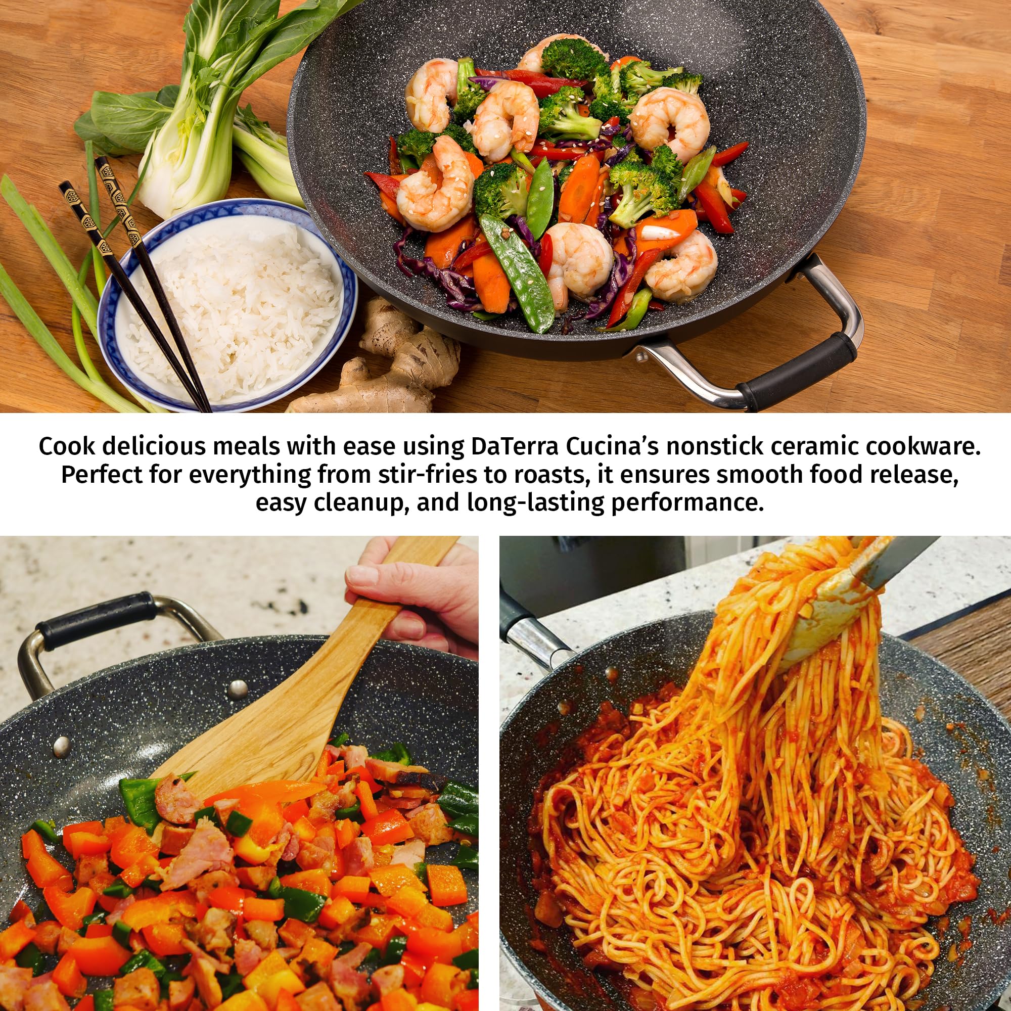 DaTerra Cucina - 33 cm Antihaft-Keramik-Wok mit Deckel, hergestellt in Italien, hochhitzebeständiges Antihaft-Kochgeschirr, ofen- und induktionsfest, PTFE-, Cadmium-, Blei- und PFOA-frei, vulkanisch