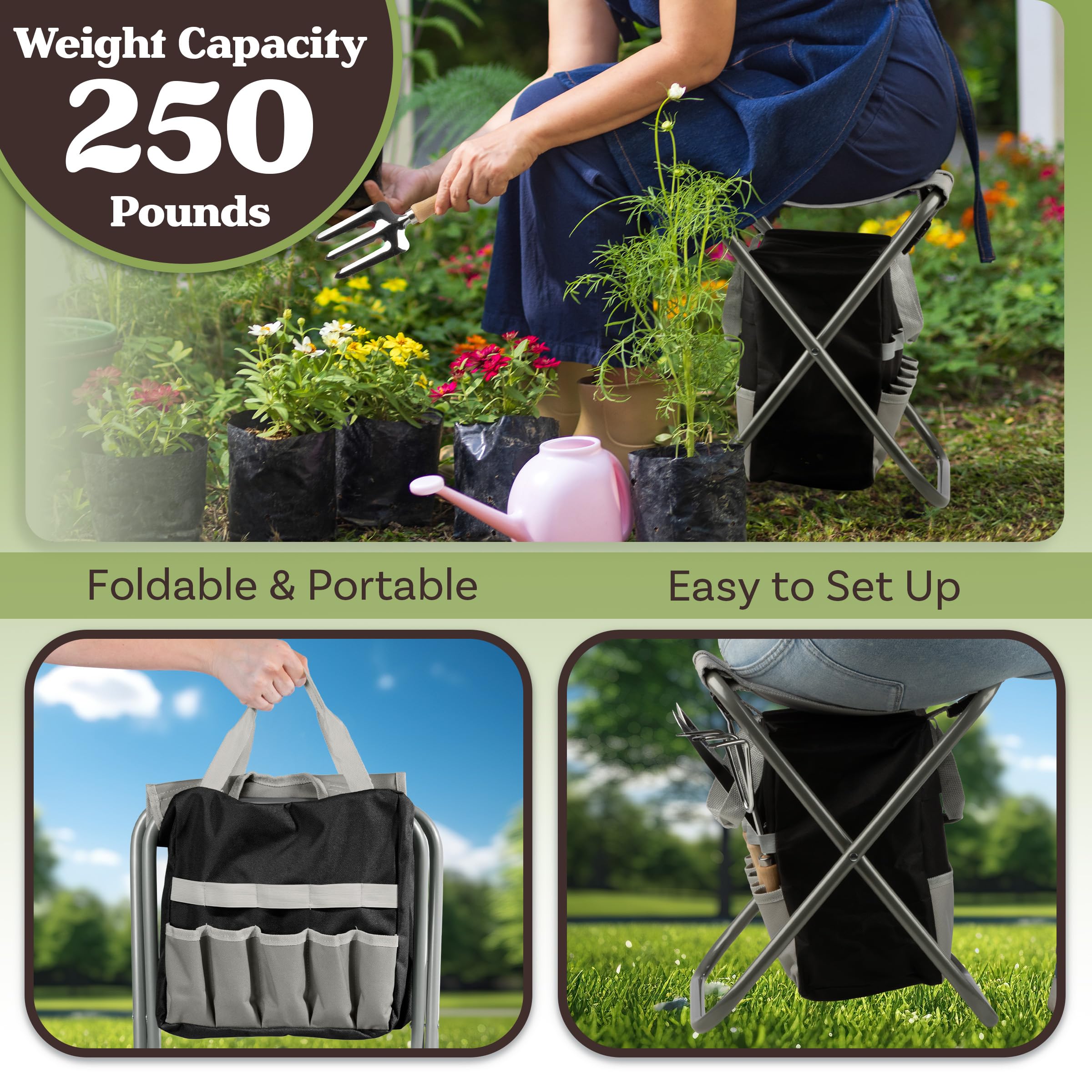 Pure Garden Gartenwerkzeug-Set – Klapphocker mit 113 kg Kapazität, Abnehmbarer Tasche mit 7 Taschen und 5 Gartengeräten zum Jäten und Pflanzen (Grau)