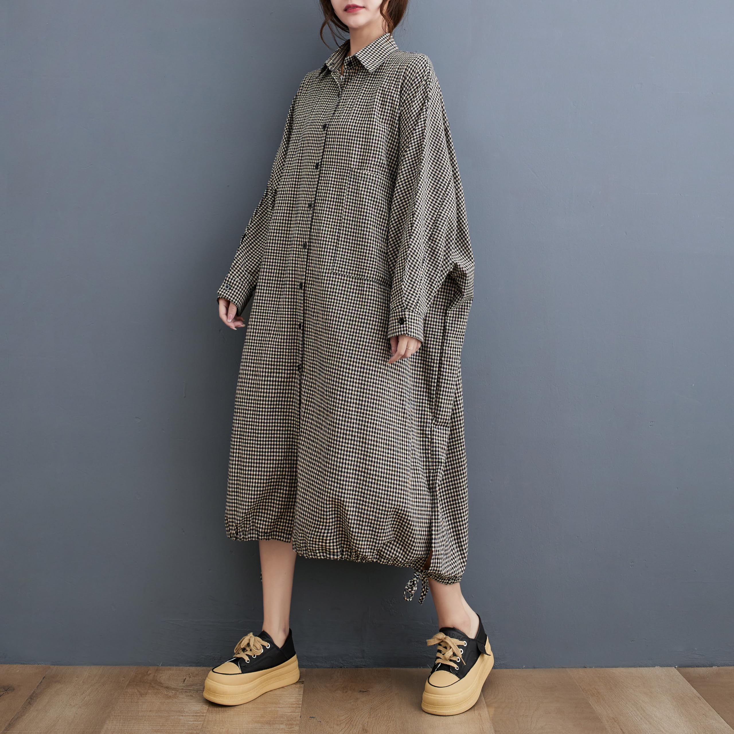 ellazhu Abito da donna casual a maniche lunghe abbottonato in cotone scozzese largo manica a pipistrello maxi camicia GA2710 A
