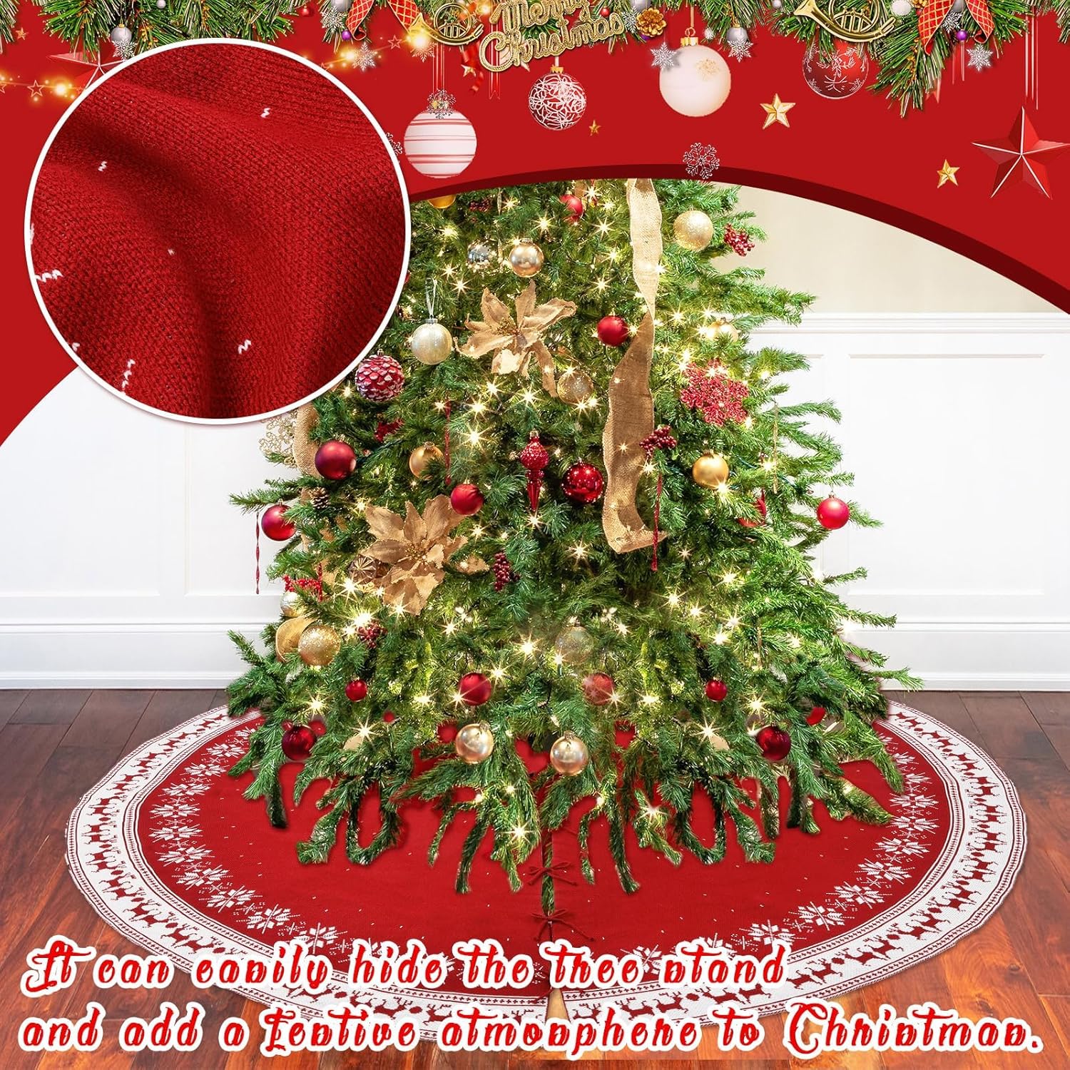 72 Inch Red Christmas Tree Skirt for 7.5 ft to 12ft Tree, Extra Large Vintage Christmas Knitted Tree Skirt Snowflake Reindeer Giant Ornaments for Merry Xmas Winter Indoor Holiday Party Decorations