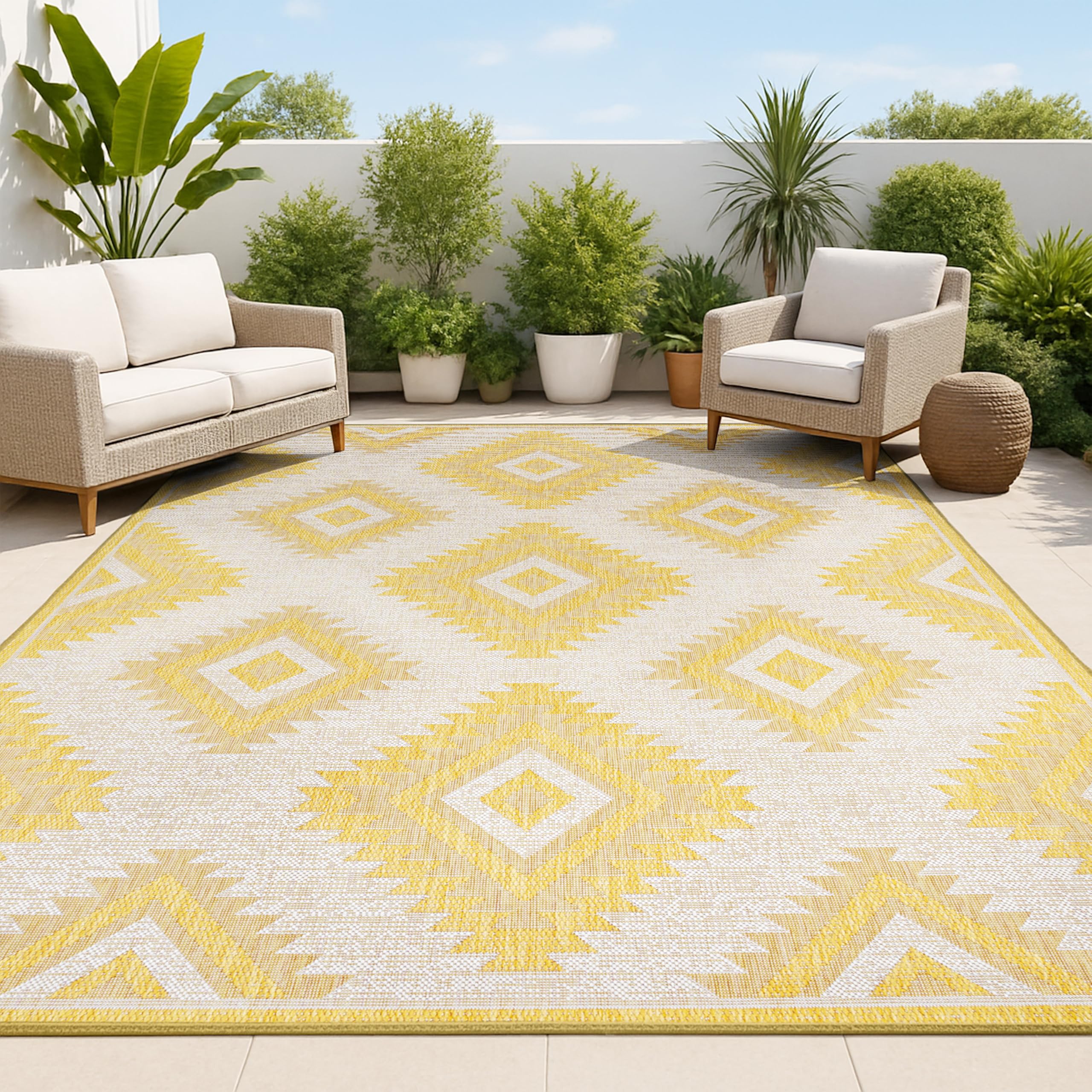 JONATHAN Y Moroccan Diamond Indoor Outdoor Area Rug 8X10 Yellow/Cream, Lior Geometric for Backyard, Patio, Porch, Easy-Cleaning, High Traffic,