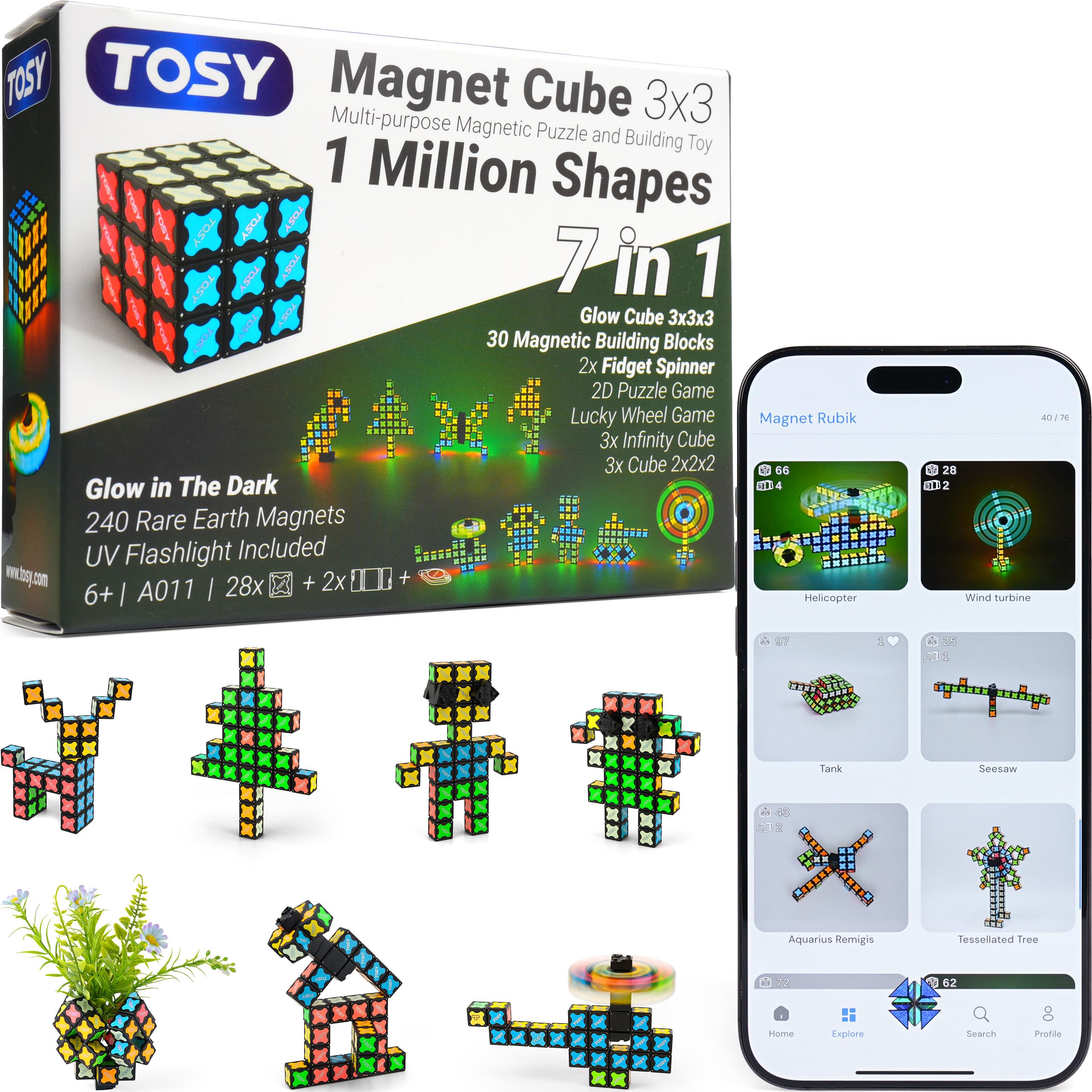 TOSY Magnet Cube 3x3-30 Blocks, 240 Magnets, Multipurpose: Creative Building Blocks, Transformable Fidget Spinner, Puzzle/Infinity Cube, Christmas Stocking Stuffers Gift for Kids, Glowing STEM Toy