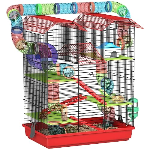 PawHut Jaula para Hámster de 5 Niveles con Túnel 47x30x59 cm Rojo