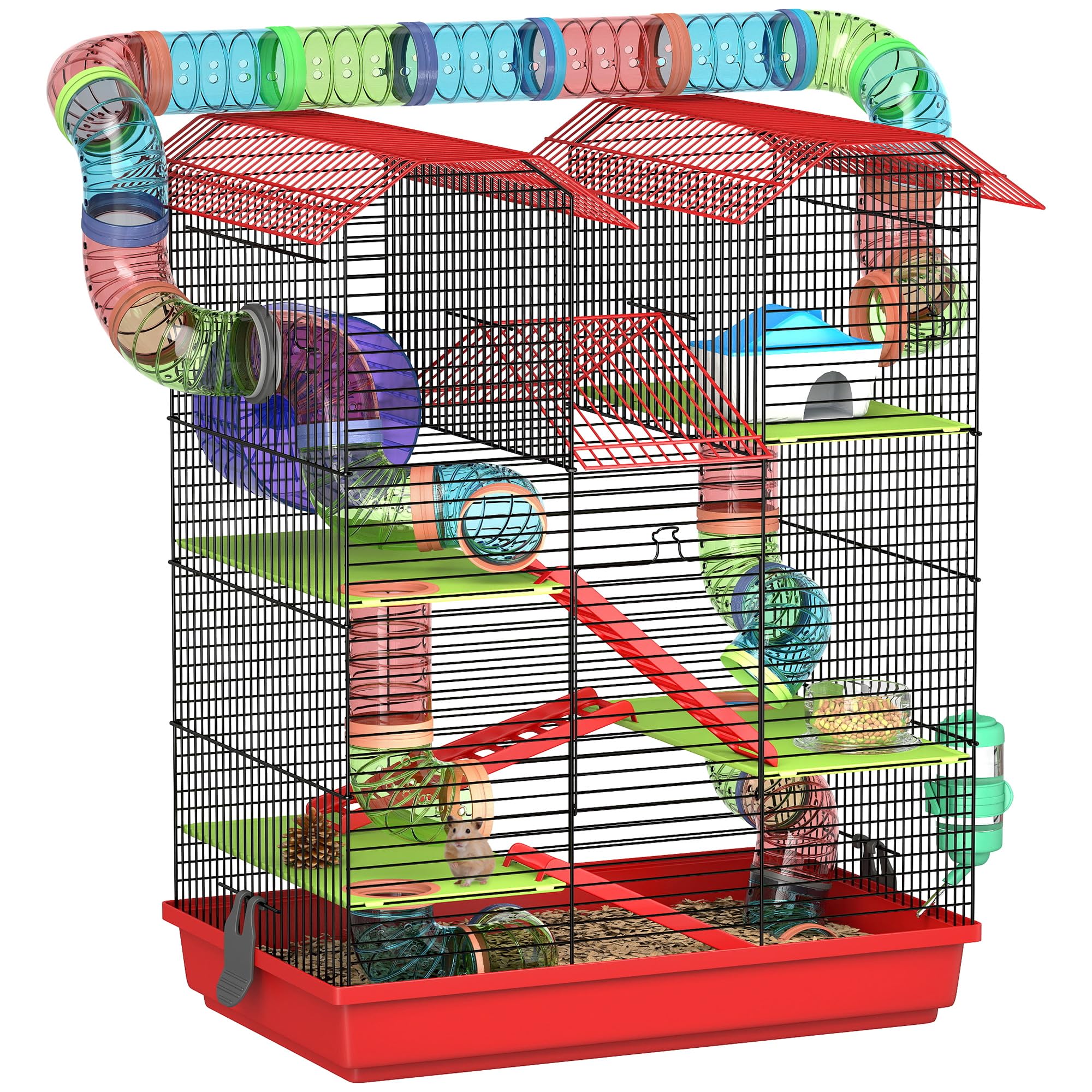PawHut Gabbia per criceto topo piccolo animali roditore con tunnel mangiatoia ruota giocattolo 47 x 30 x 59 cm, rosso
