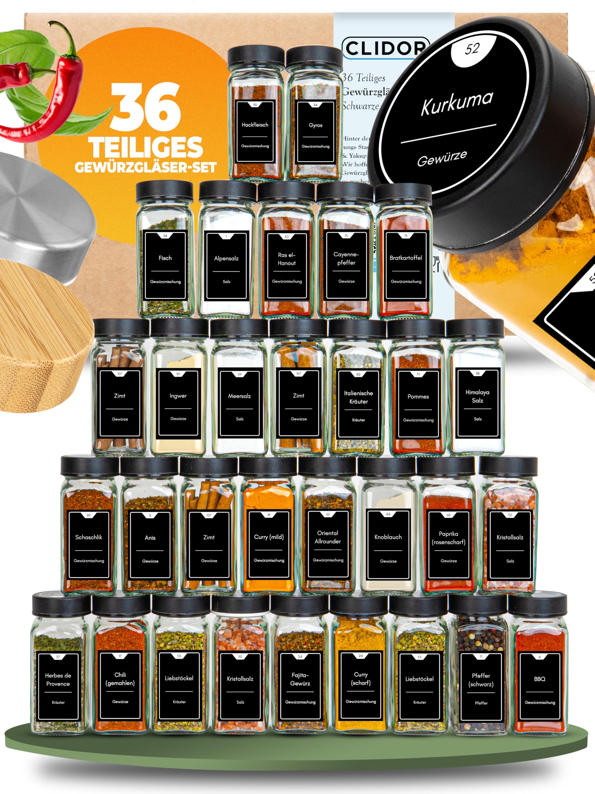 CLIDOR Gewürzgläser eckig [36 x 125ml], Luftdichte Gewürzgläser mit Streueinsatz + 248 wasserfeste Gewürzetiketten, Gewürz Organizer & Gewürzdosen, Gewürzstreuer zum Nachfüllen, Deckel in Mattschwarz