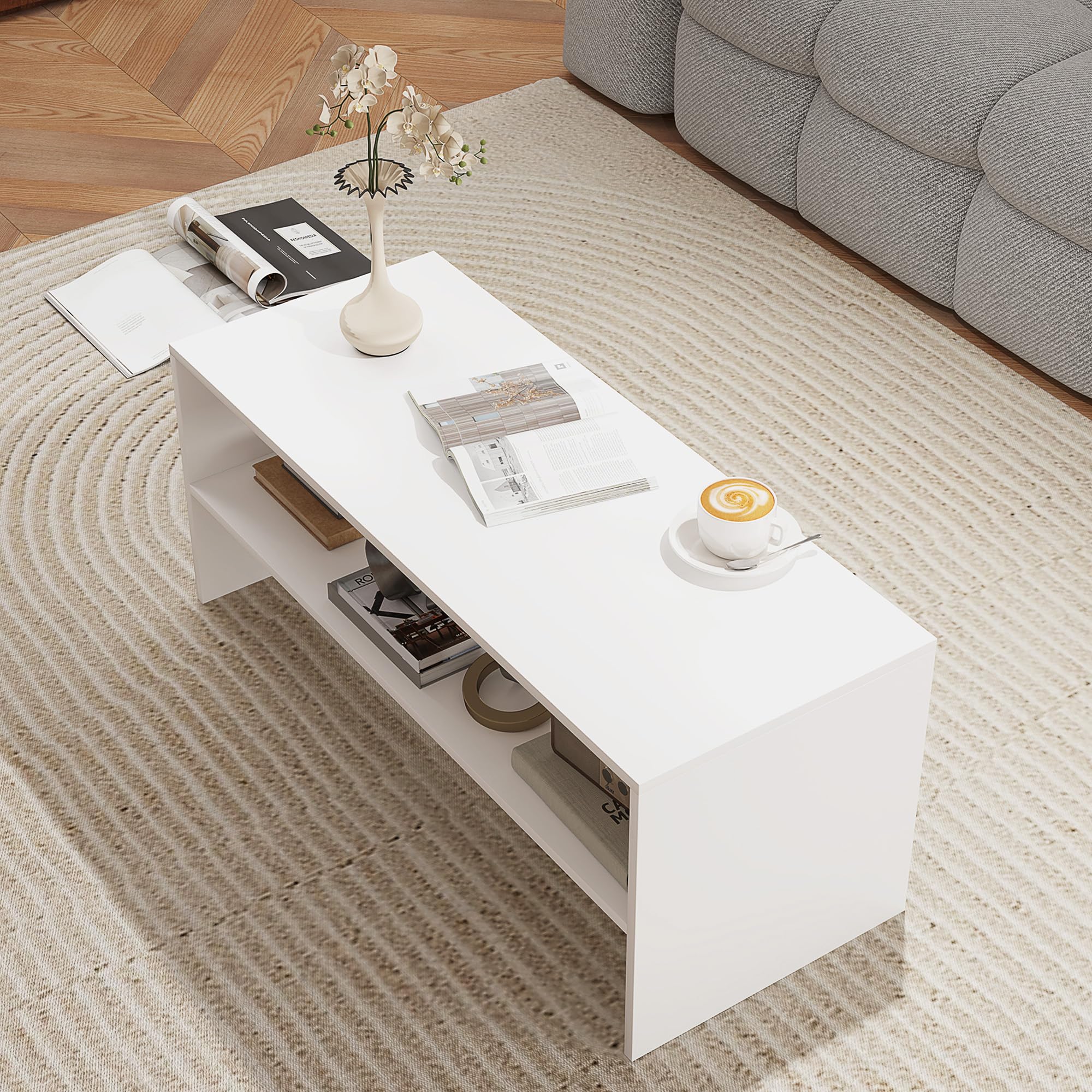 HOMCOM Tavolino da Caffè Moderno 2 Livelli 100x40x41.5 cm Bianco | Ripiano Aperto, Piedini Antiscivolo, Tavolino Basso in Truciolato