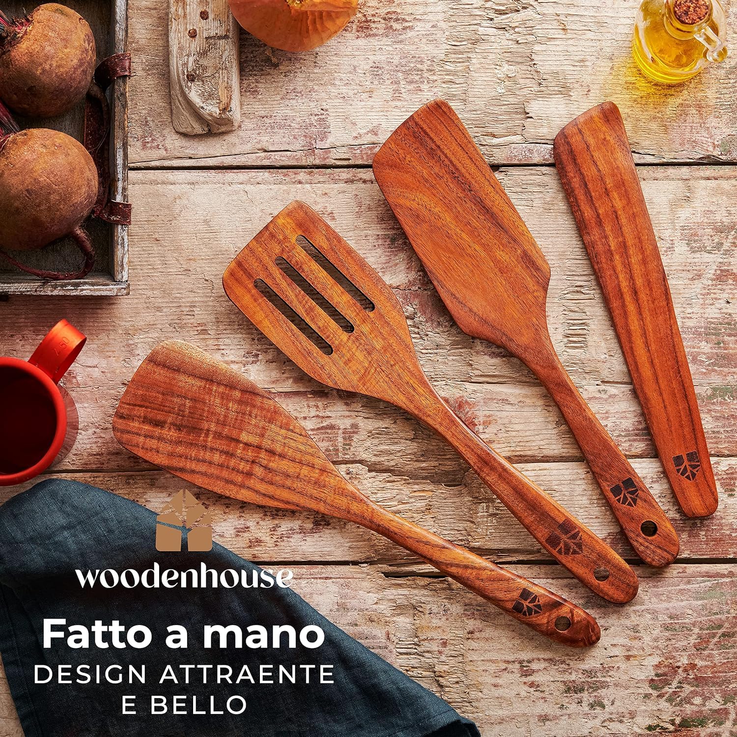 Set Utensili Cucina Legno, Spatole da Cucina, Girare, Spalmare e Raschiare Alimenti, Antigraffio, Fatte a Mano, 4 pezzi