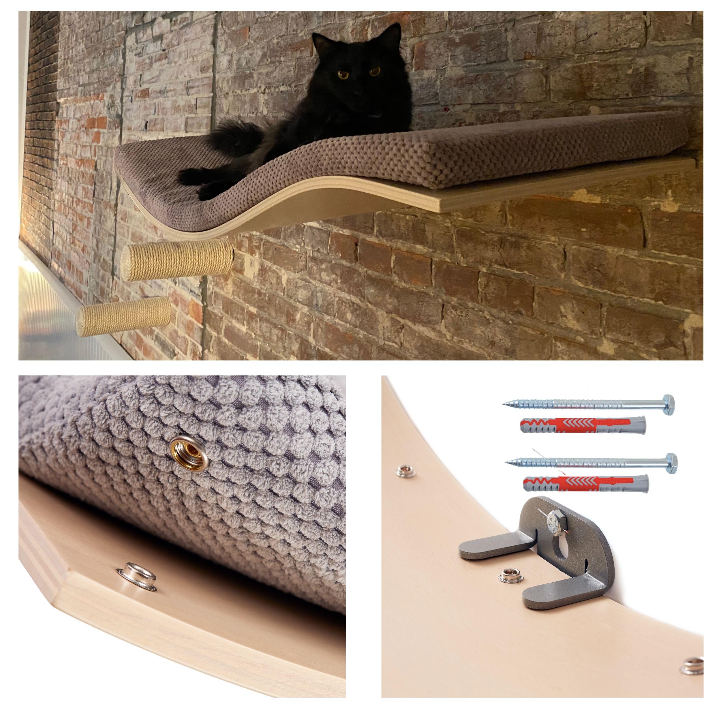 COSY AND DOZY - Lettino da Parete per Gatti | Letto per Gatti | Colore Legno wengé | Colore Cuscino Grigio Scuro | 90 cm x 41 cm
