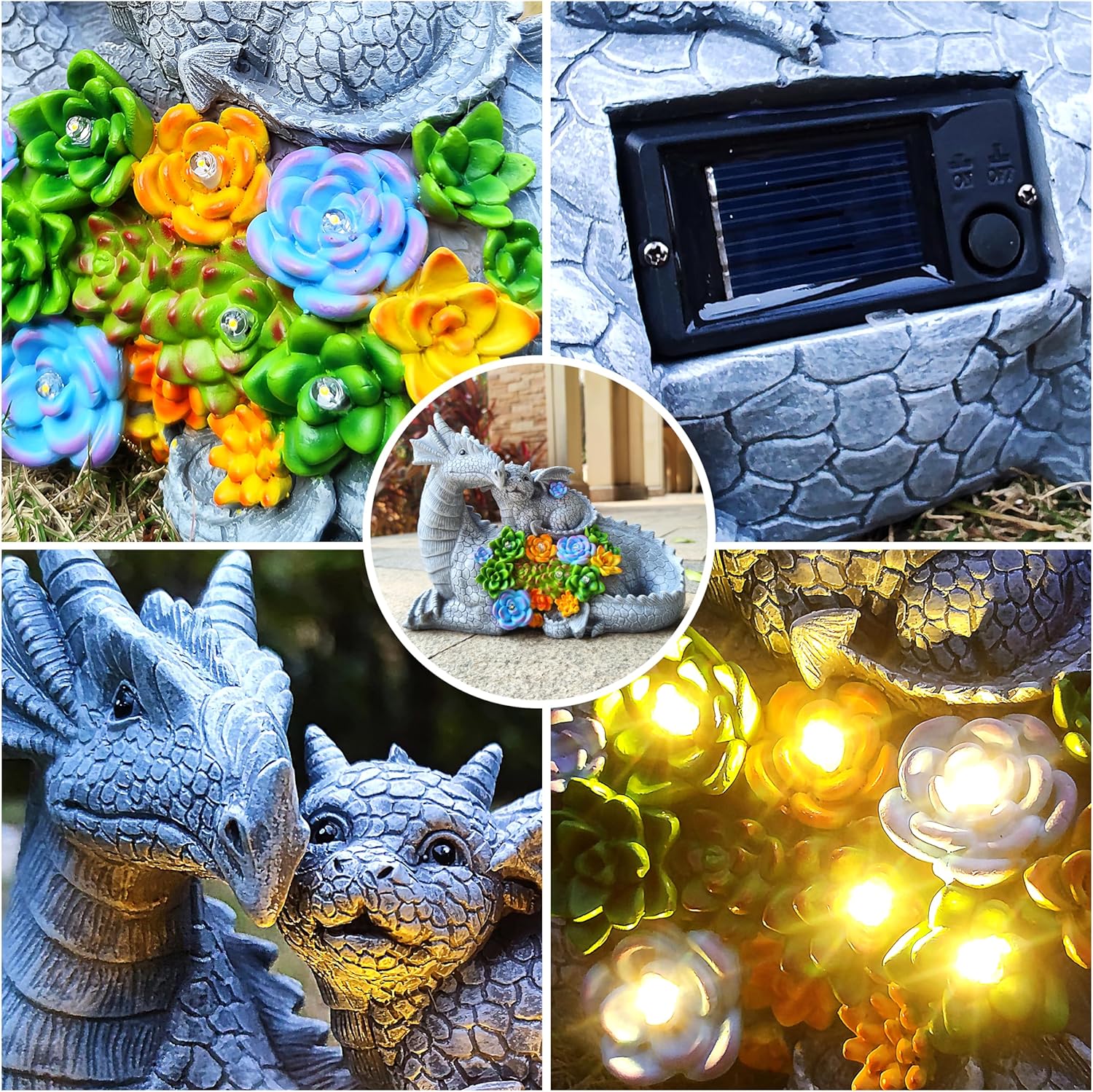 Dragon Solar Garden Statues Outdoor Decoration with Succulent and 6 LED Lights,Dragon Figurine Solar Lights Lawn Décor,Outside Statue Ornament for Patio, Balcony, Yard,Unique Gift for Mom