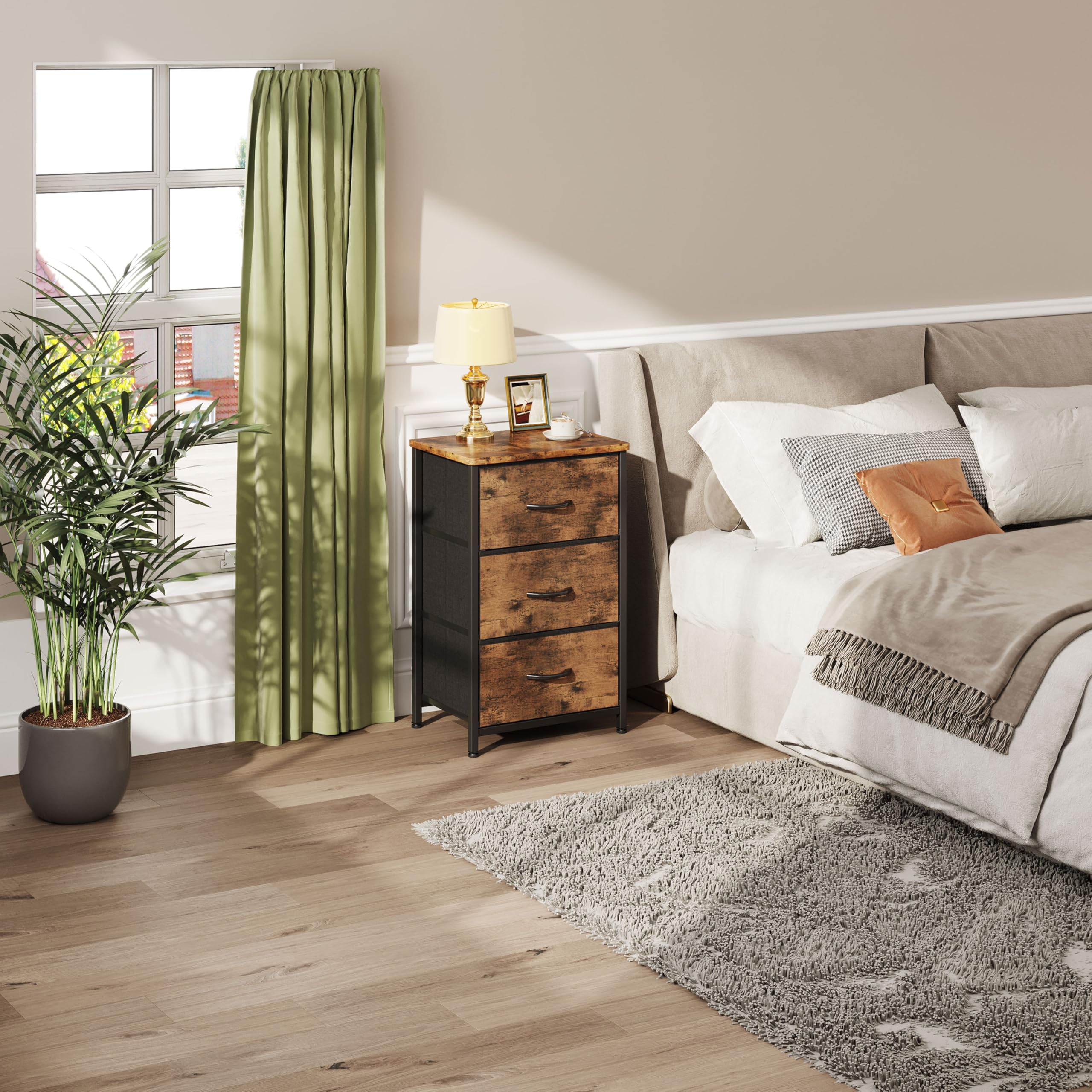 CAIYUN Nachttisch mit 3 Stoffschubladen, Schmaler Kommodenschrank für Schlafzimmer, Wohnzimmer und Flur, Holzplatte, Platzsparend, Schwarz, Modernes Design