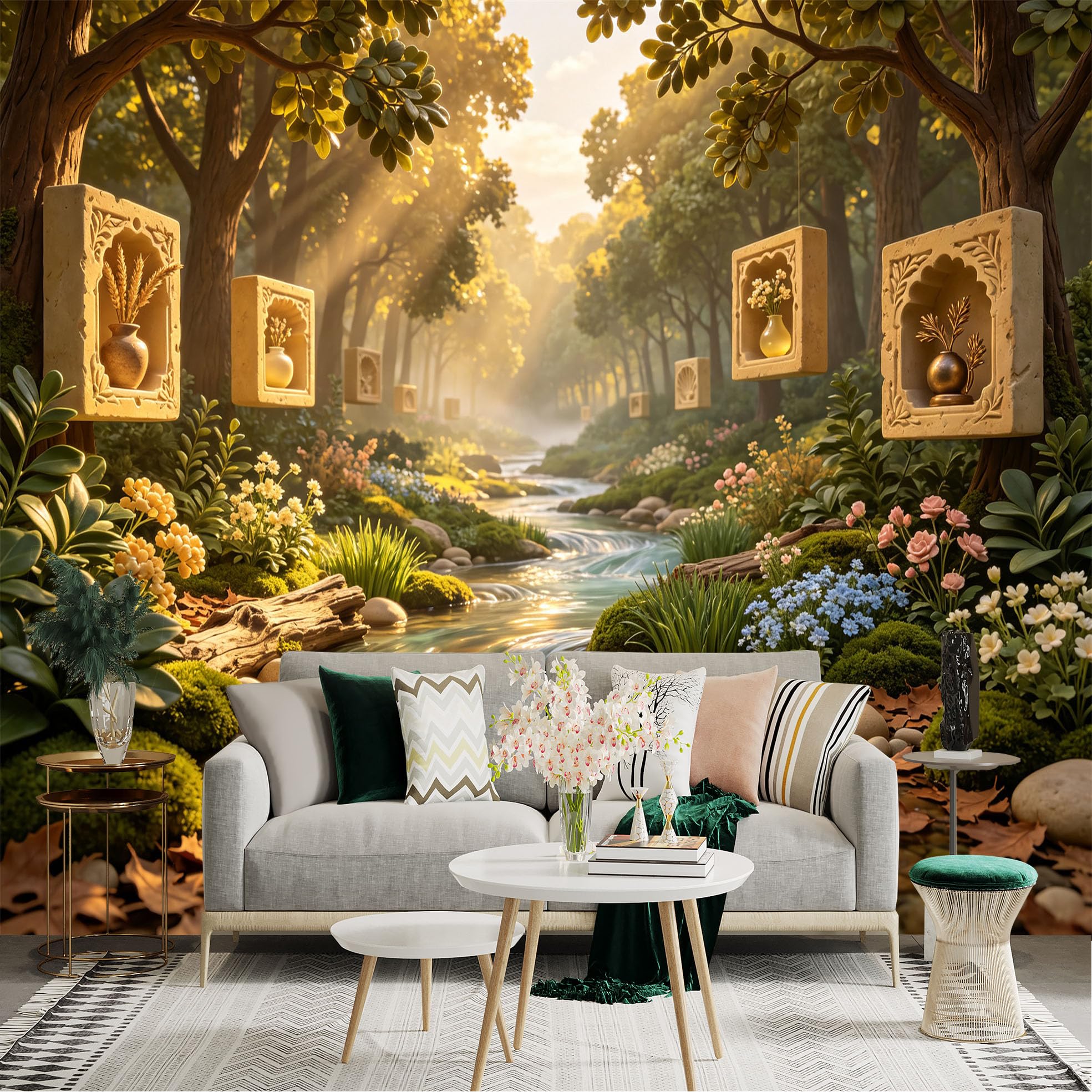 Lnzczhyre Bh260719172 Custom Size Wall Sticker Mural， Enchanted Forest Stream With Hanging Stone Niches， Sunlit Woodland Scenery， Floral Riverbank， For Wall Decoration， Peelandstick Wall Decals.