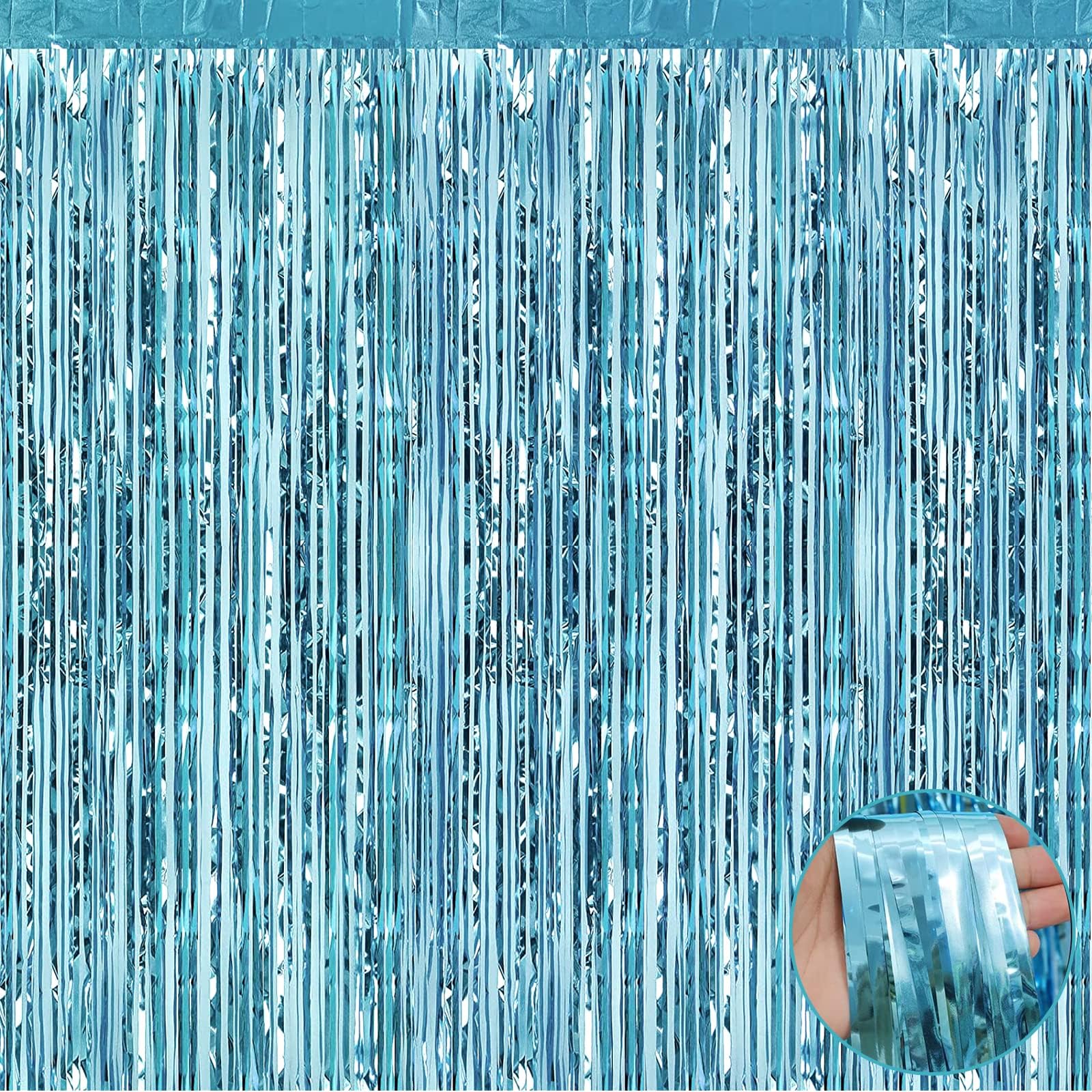 4 Pack Light Blue Foil Fringe Curtain Backdrop, 3.28Ft x 8.2Ft Metallic Tinsel Foil Fringe Streamer Curtains for Photo Booth Props, Birthday, Wedding, Christmas Decoration Party Supplies New