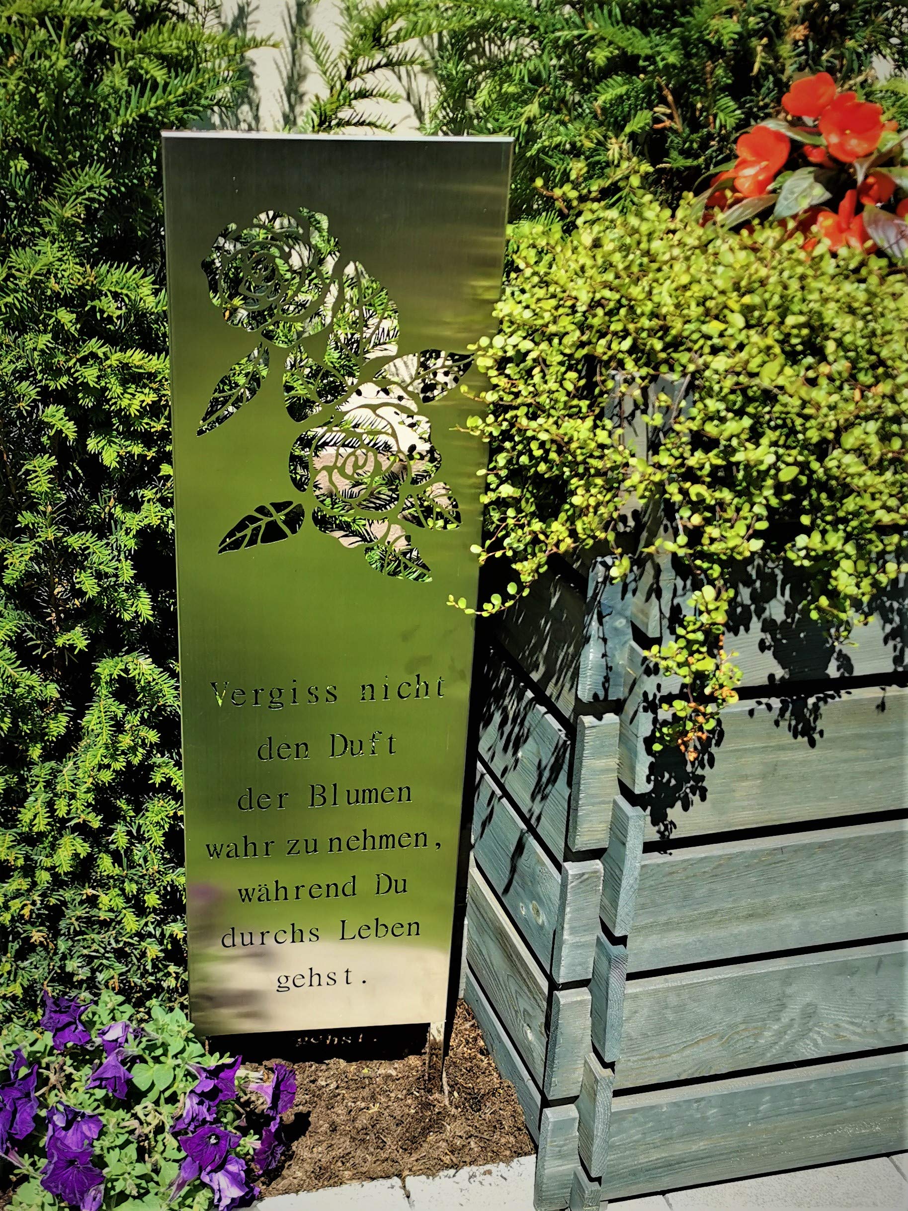 Gartenstecker Gartenschild Duft der Blumen aus Edelstahl matt gebürstet Abmessung 120x25x5 cm, Silber, 120 cm