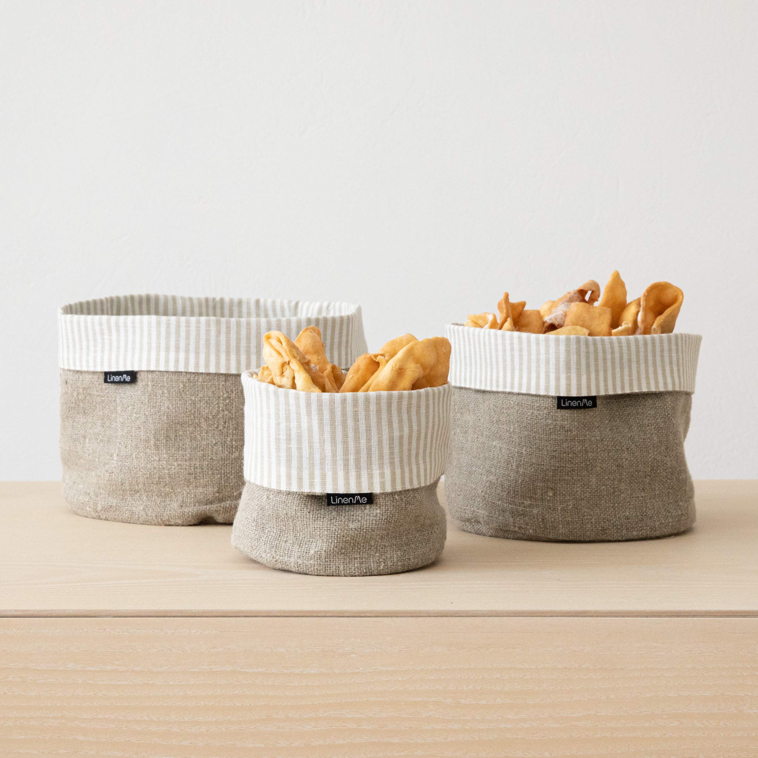 LinenMe Beige Natural Striped Linen Cotton Basket Jazz, Small (6 x 8)