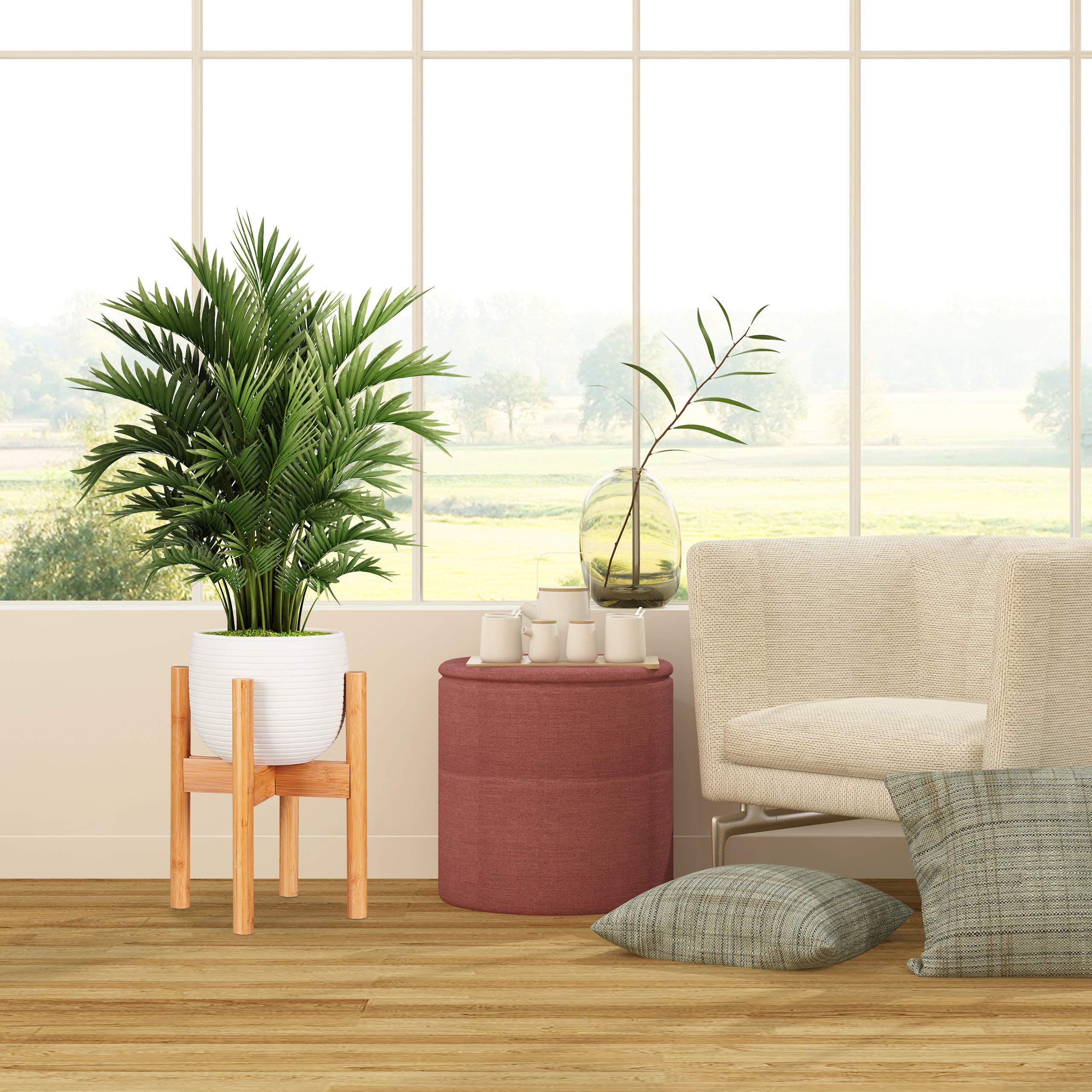 Relaxdays Soporte Macetas, Pie para Plantas, Hasta 32 cm, Patas Macetero, Ajustable, Bambú, 1 Ud., 35,5 cm, Marrón Claro