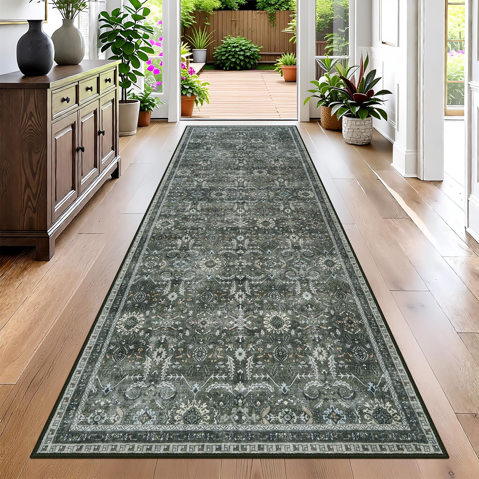IMIYOKU Hallway Runner Rug Machine Washable Boho Vintage Carpet Runners for Hallways Non Slip Long Floor Mat for Entryway Kitchen Bedroom Living Room Laundry Lounge (Green, 65x180cm)