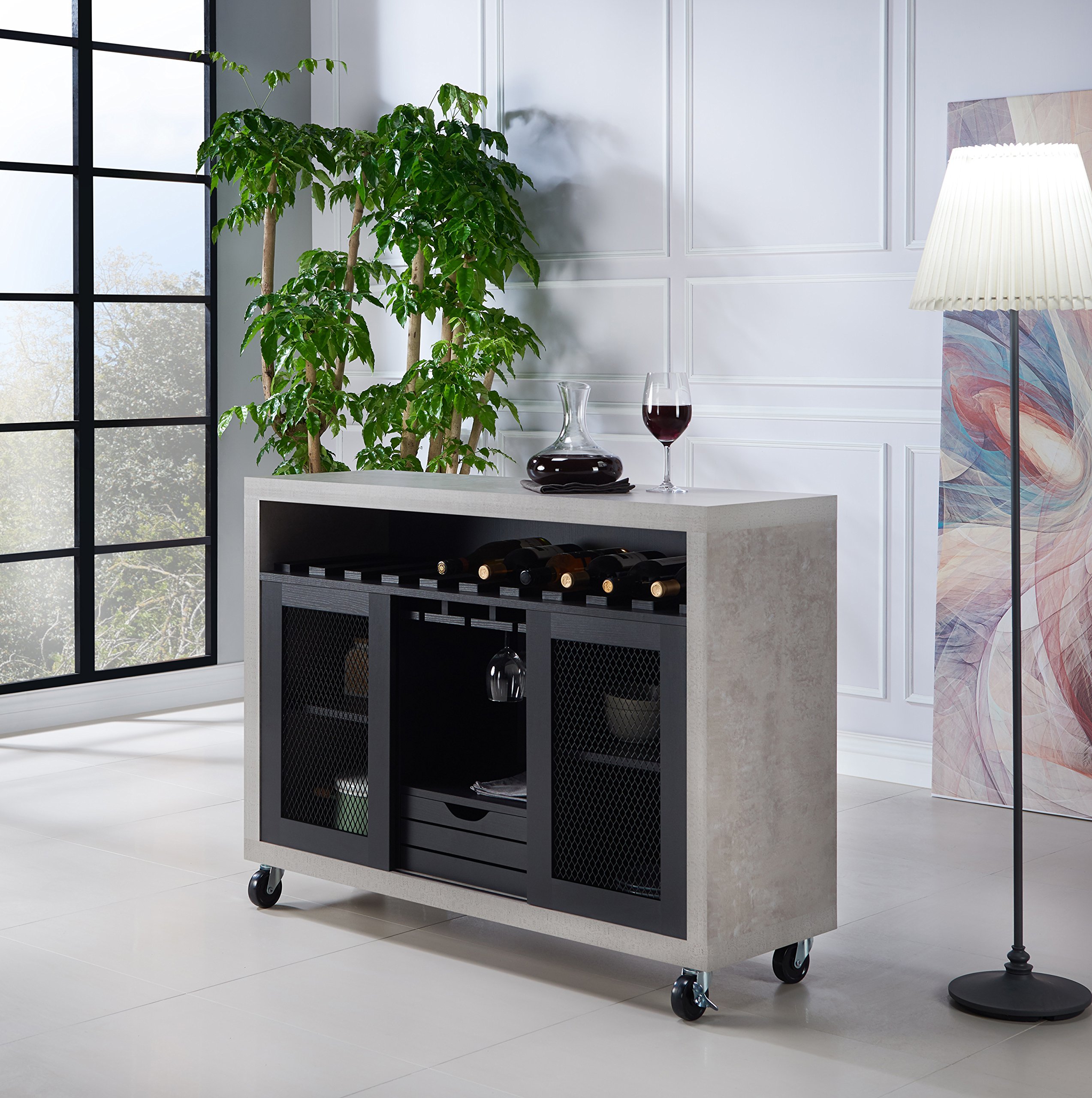 ioHOMES Vesta Industrial TwoTone Buffet with Wine Bottle Rack, Paneled