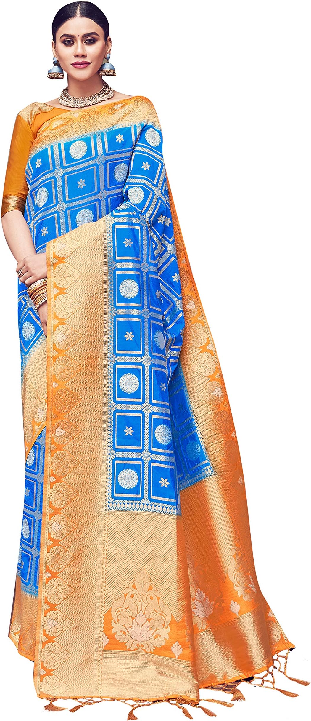 Elina fashion Women's Ready to Wear Banarasi Art Silk One Minute Pre Pleated Indian Saree With Unstiched Blouse